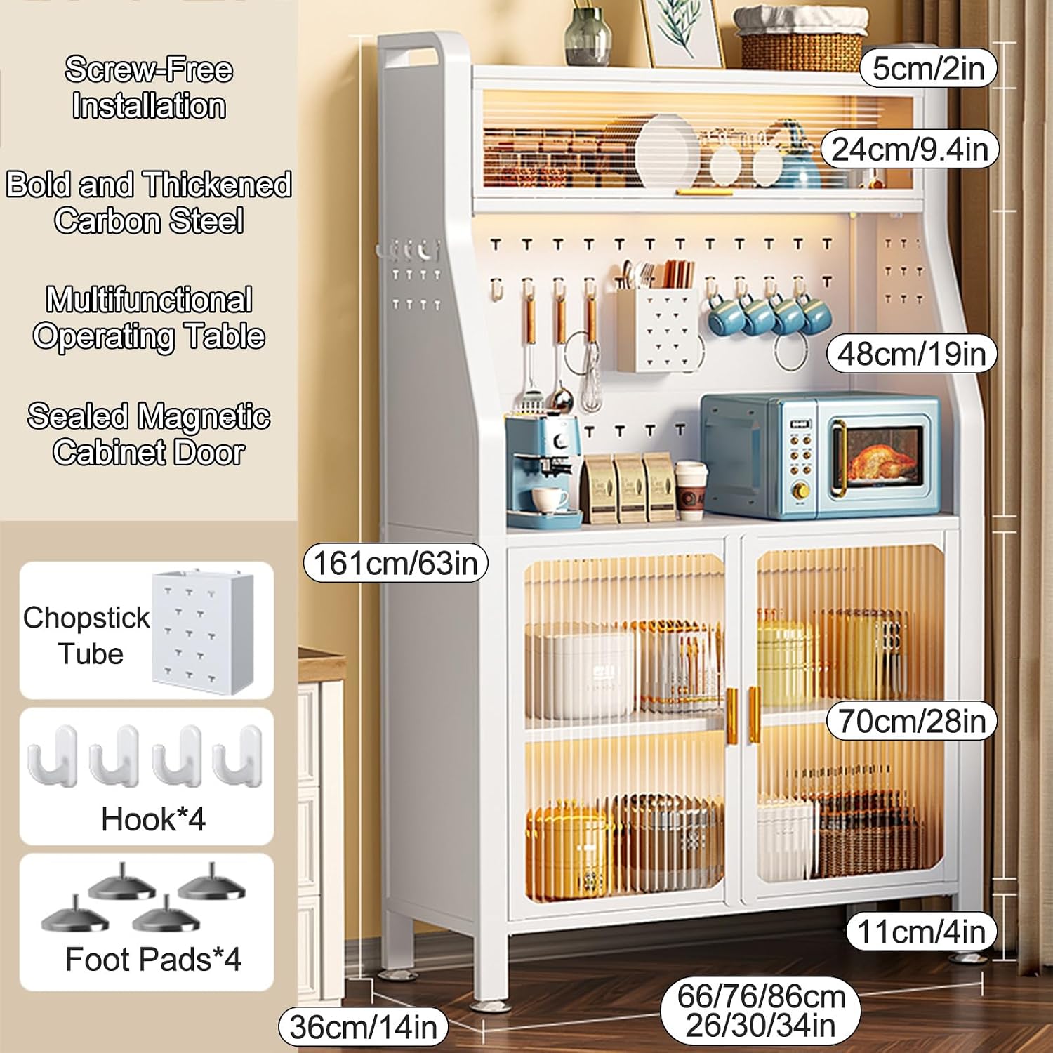 White Bakers Rack with Doors | Free Standing Kitchen Cabinet | Dual Door Microwave Storage | Stylish Baker's Rack for Hallway | Space-Saving Kitchen Organizer (86cm/34in)