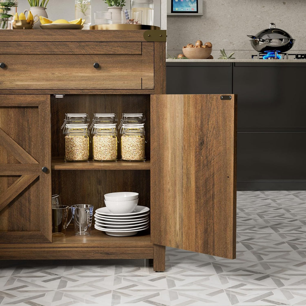 JUMMICO Coffee Bar Cabinet Farmhouse Kitchen Sideboard Buffet Cabinet with Drawer and Adjustable Shelf Barn Door Storage for Kitchen, Dining Room, Bathroom, Entryway (Brown)