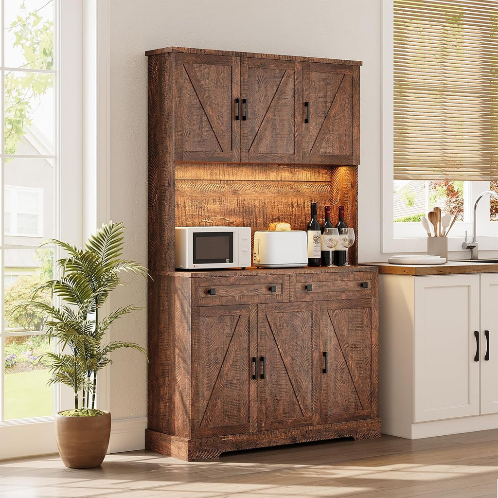 ELYKEN 71' Tall Ktchen Pantry Cabinet with Charging Station & LED Lights, Farmhouse Kitchen Hutch Cabinet with Large Countertop for Dining Room Living Room, Brown