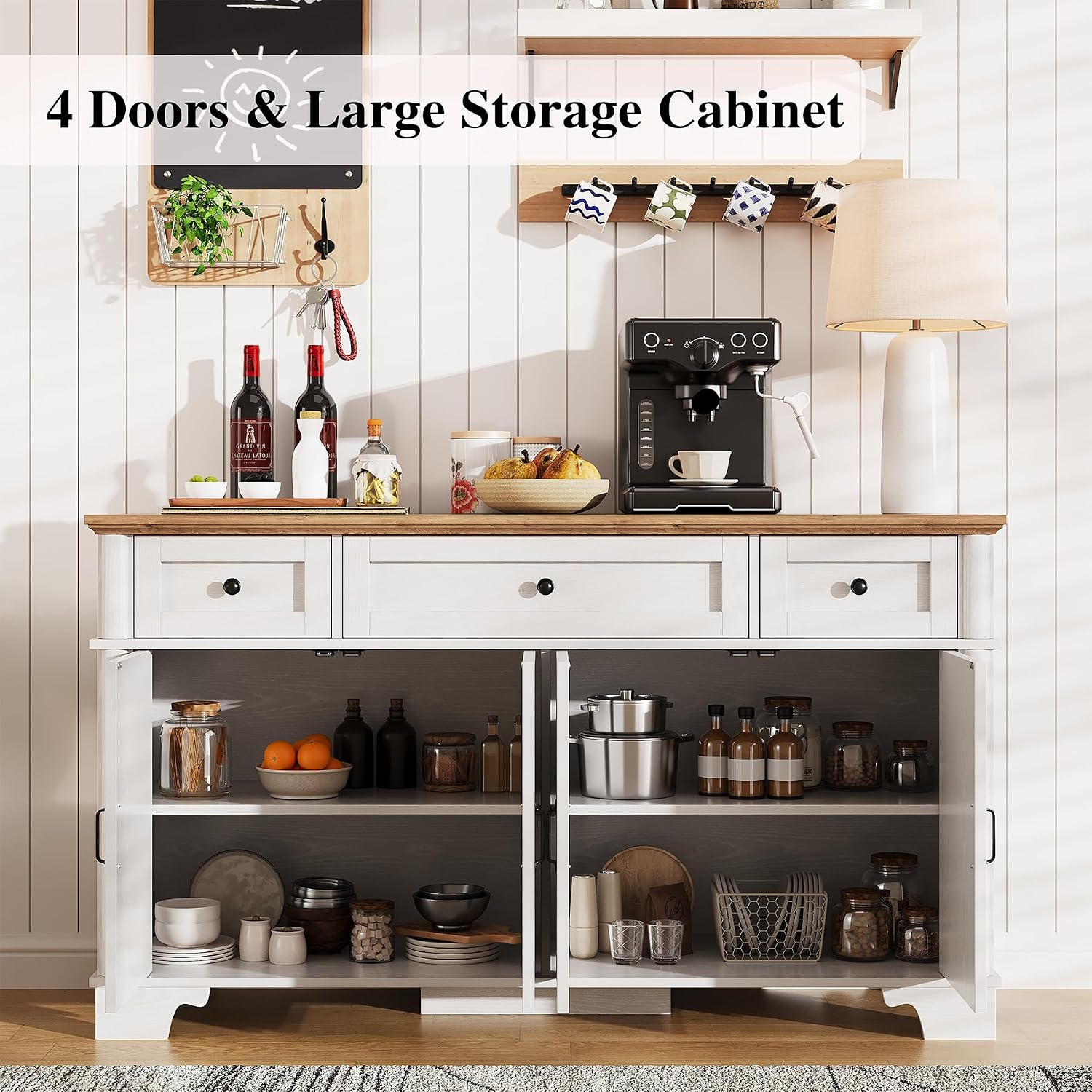 BestHaped Farmhouse Buffet Cabinet with Storage, 55 Inch White Sideboard Buffet Cabinet with Adjustable Shelves & 3 Drawers, Buffet Table Coffee Bar Wine Bar Storage for Kitchen & Living Room