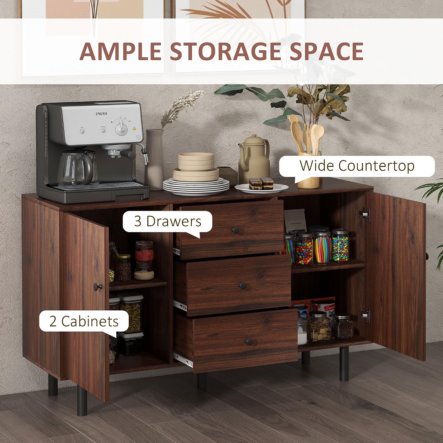 HOMCOM Storage Sideboard, Credenza Cabinet with 2 Cupboards, 3 Drawers and Adjustable Shelves, Buffet Table for Living Room, Entryway, Brown 839-545V01BN