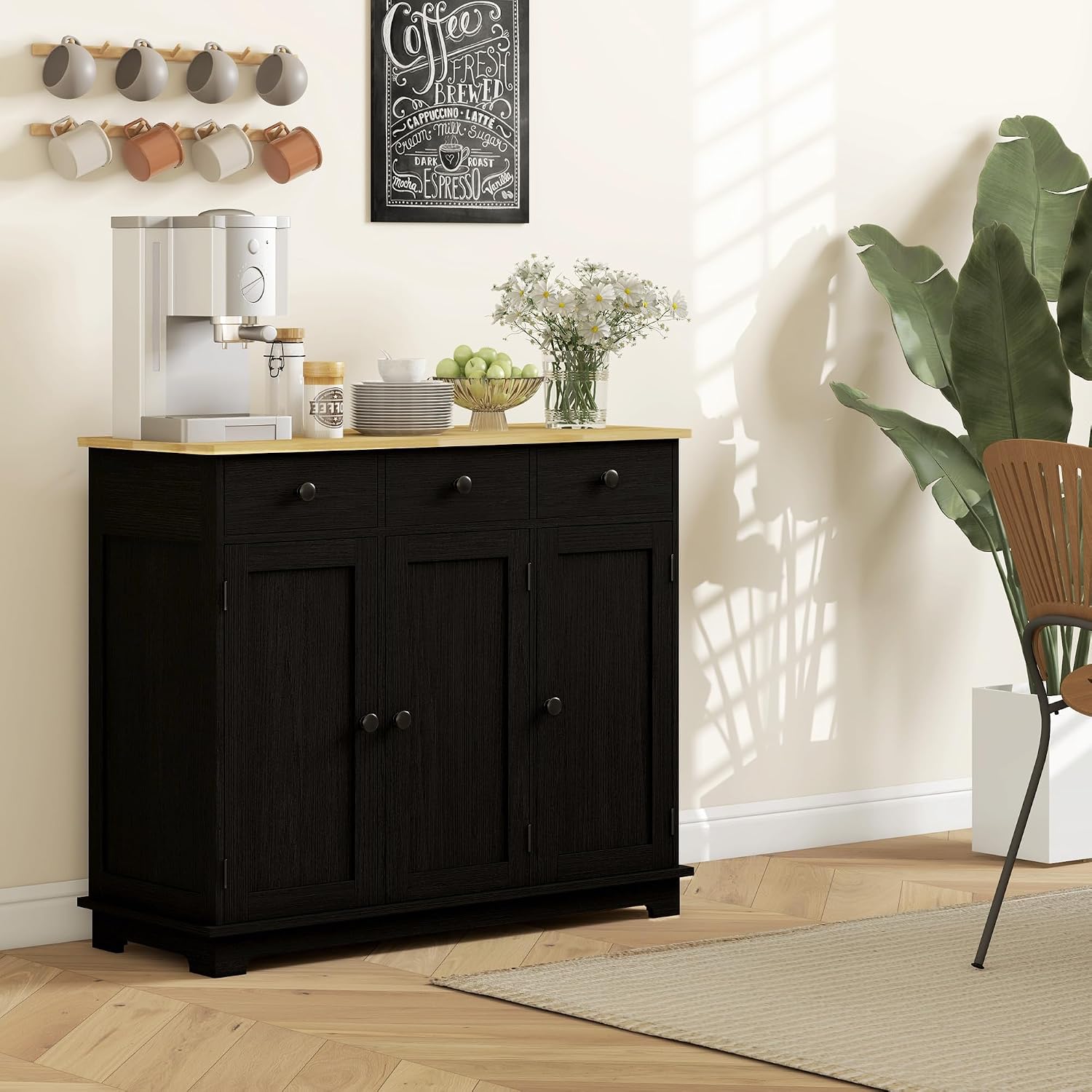 HOMCOM Sideboard Buffet Cabinet with Solid Wood Countertop, Modern Kitchen Storage Cabinet, Coffee Bar Cabinet with 3 Drawers, Doors and Adjustable Shelf, Distressed Black