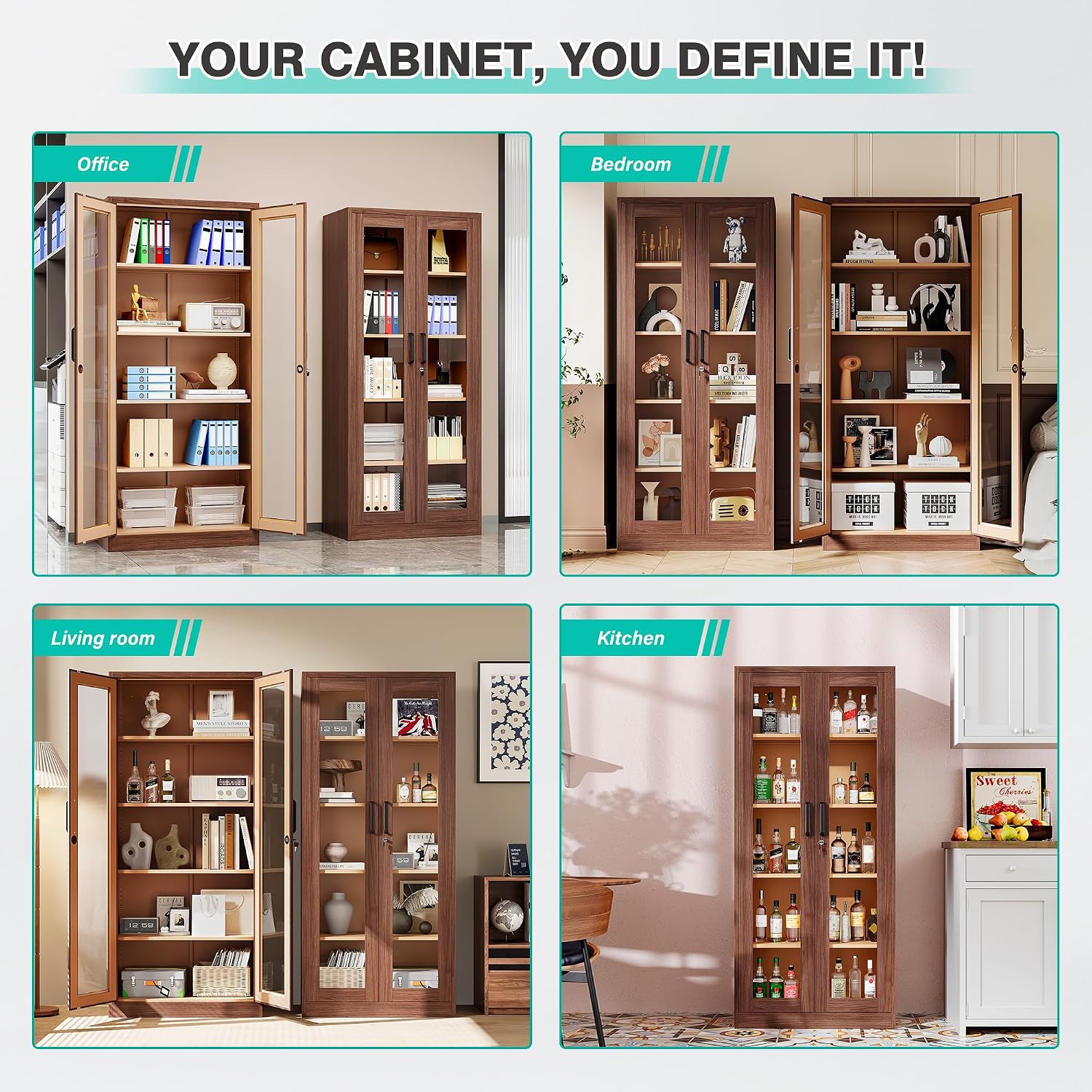 Metal Storage Cabinet with Lock and Glass Doors,Glass Display Cabinet,Tall Storage Cabinets,Locking Curio Cabinets with 5 Shelves for Collectibles,Home,Office,Living Room