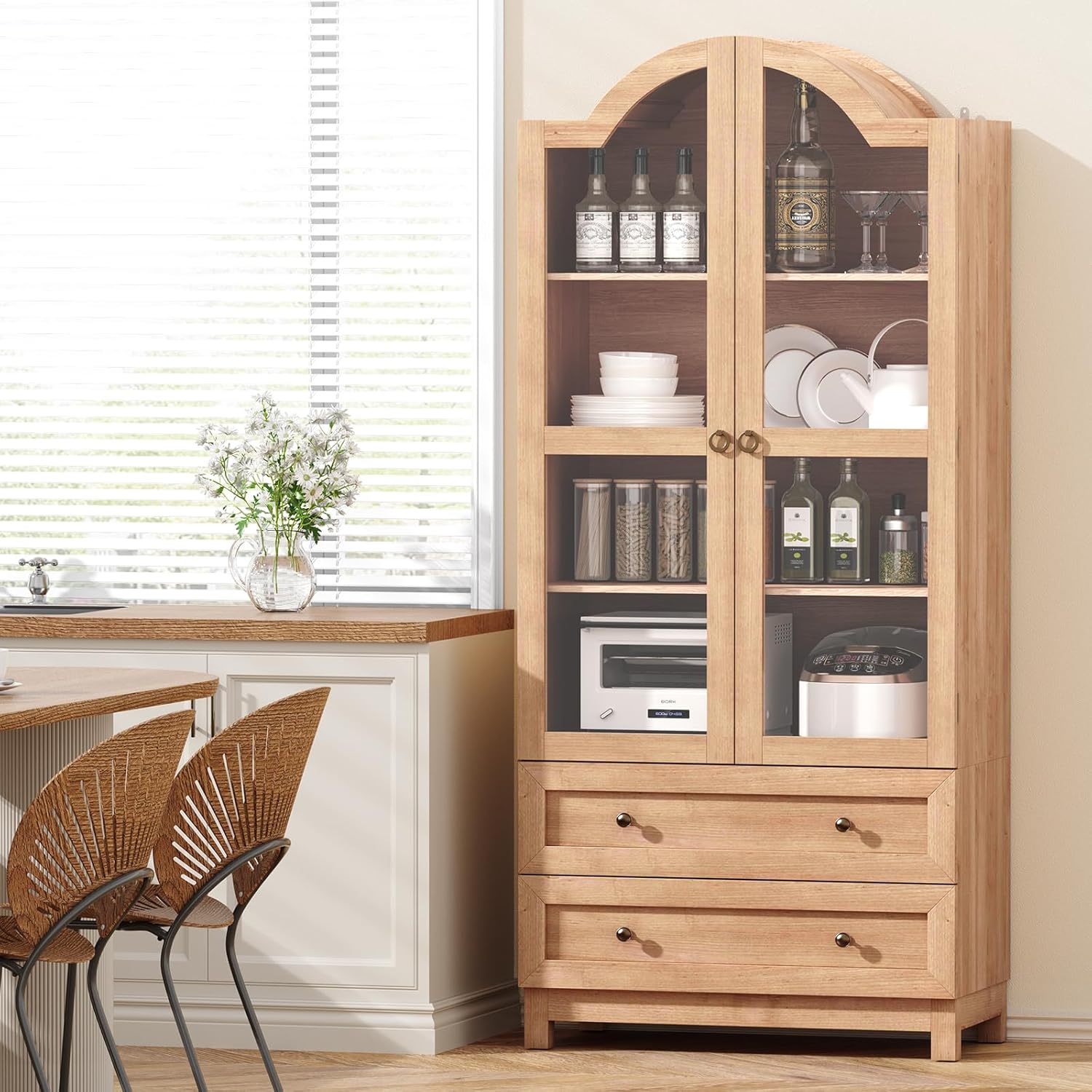 EasyCom 71 Tall Arched Cabinet, Farmhouse Wood Pantry Cabinet with 2 Large Drawers, 4-Tier Kitchen Storage Cabinet with Adjustable Shelf & Magnetic Clasp Doors for Living Room, Dining Room, Natrual