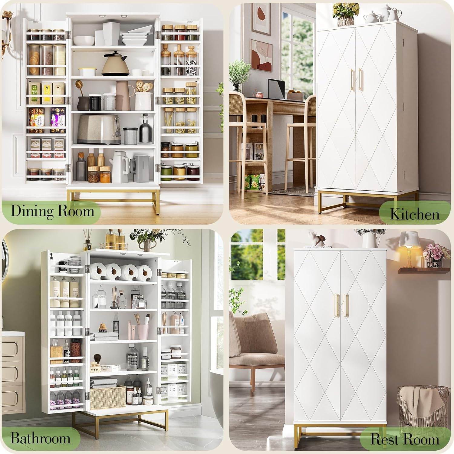 kepptory 51' Kitchen Pantry Storage Cabinet with Diamond Design, White Freestanding Pantry Cabinets with Golden Base and Handles, Buffet Cupboards Cabinet with 6 Adjustable and Large Storage Space