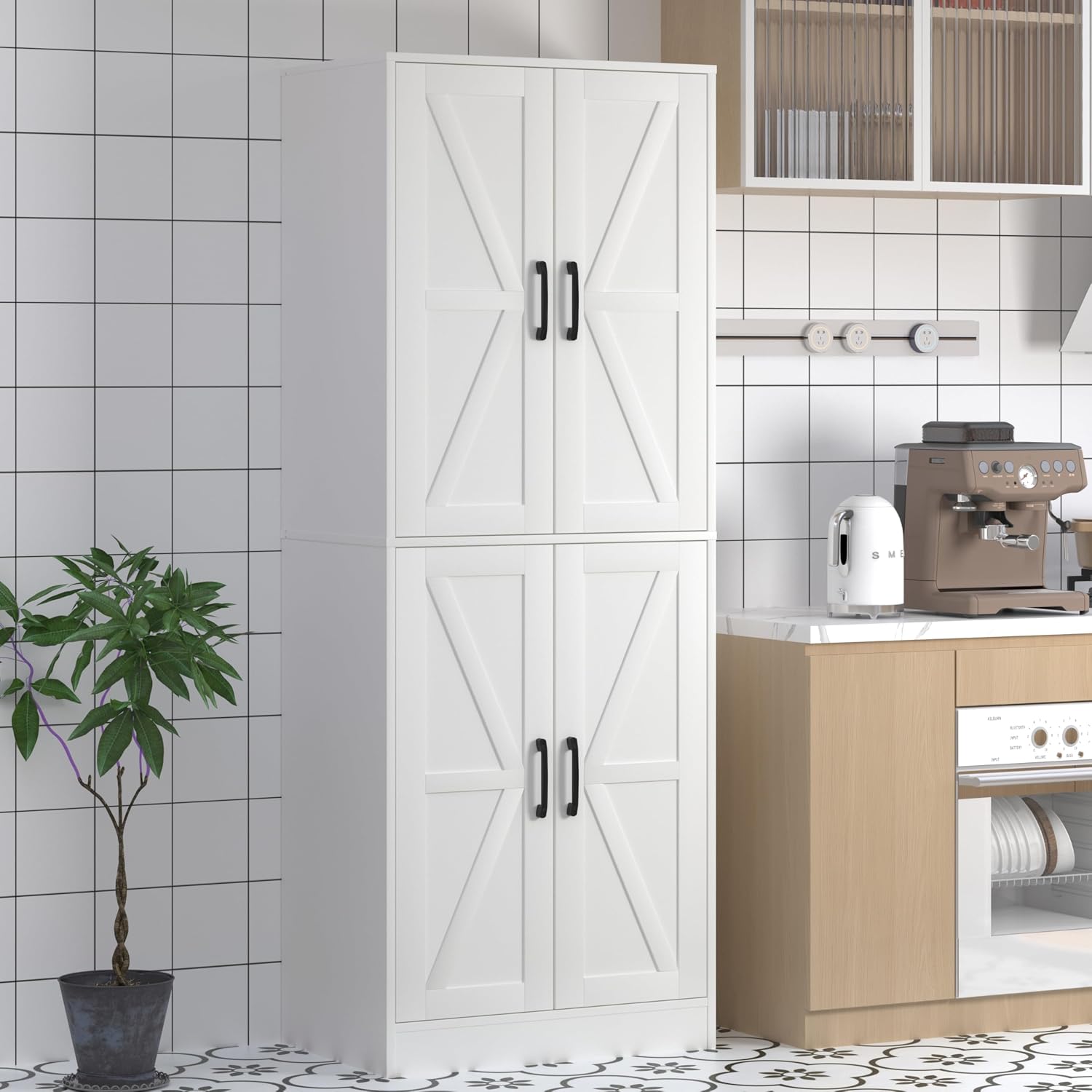 Storage Cabinet,Kitchen Pantry Cabinet,Kitchen Pantry Storage Cabinets with 4 Doors,Tall Kitchen Pantry with Adjustable Shelves,Cupboard for Kitchen,Pantry,Dining Room,Living Room and Bathroom,White