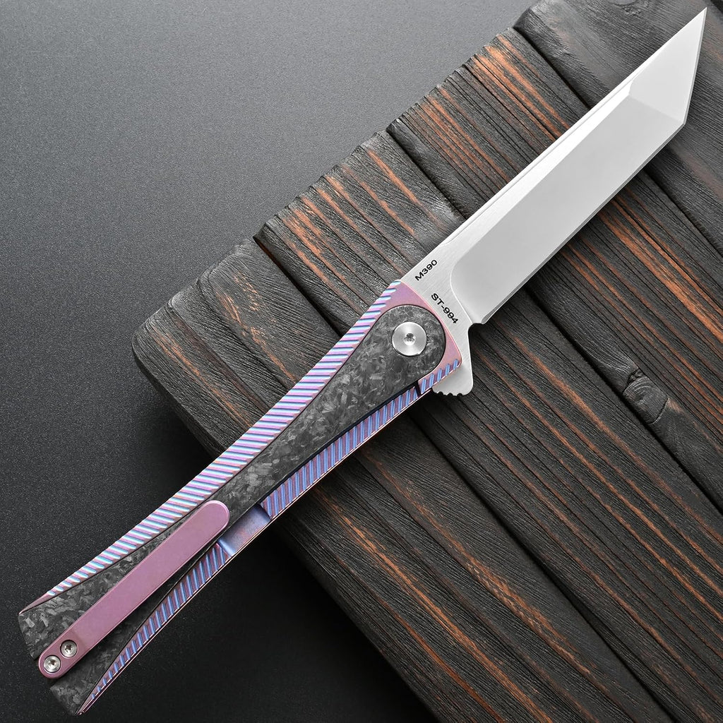 Sitivien ST994 Folding Knife, Handmade M390 Brushed Steel Blade Titanium Carbon Fiber Handle with Ball Bearing for Outdoor Camping Hiking Survival (Pink)