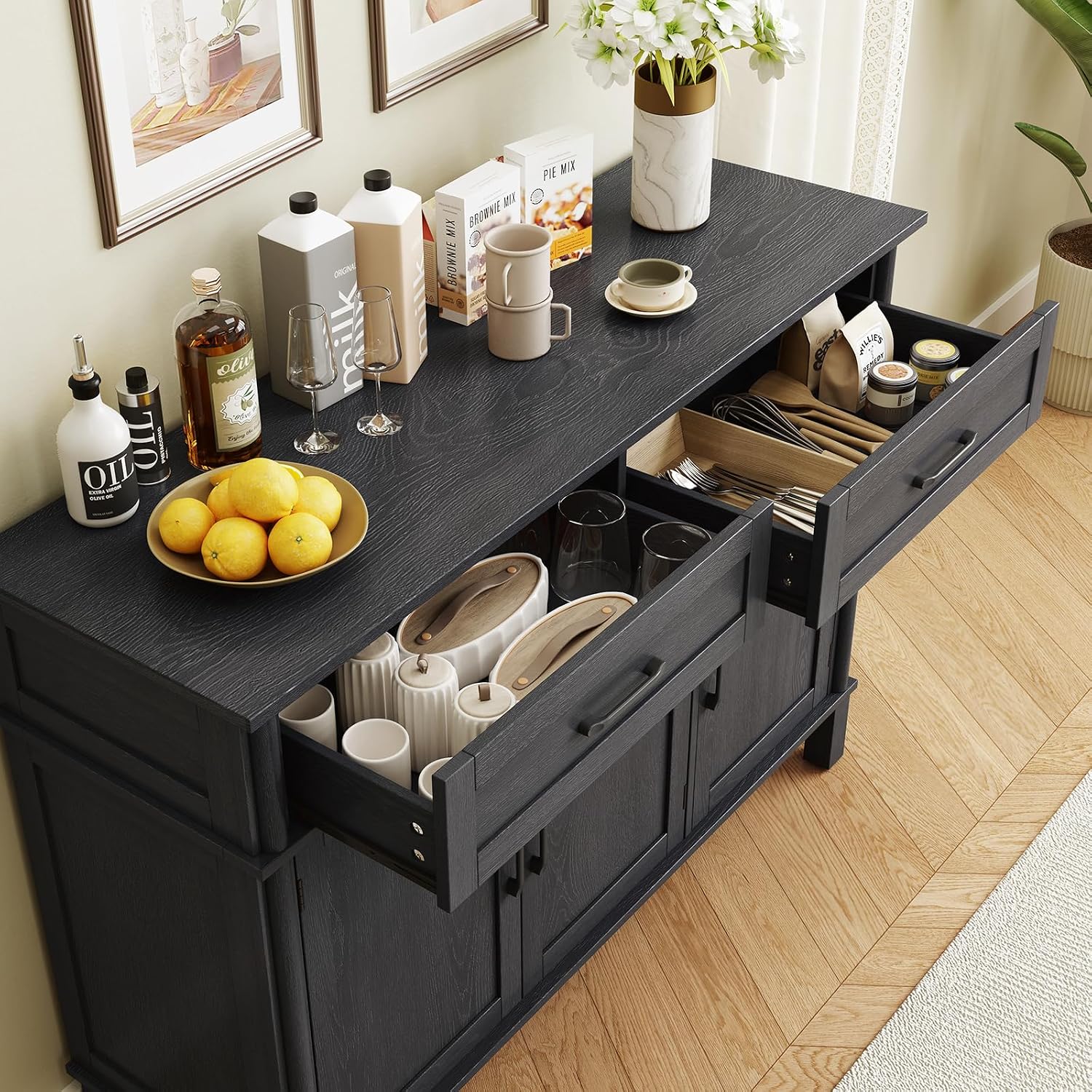 ONBRILL 48 Inches Buffet Cabinet with Storage, Farmhouse Sideboard Buffet w/2 Drawers and 3 Doors, Wood Coffee Bar Cabinet with Adjustable Shelves, Sideboard Storage for Kitchen, Living Room, Black