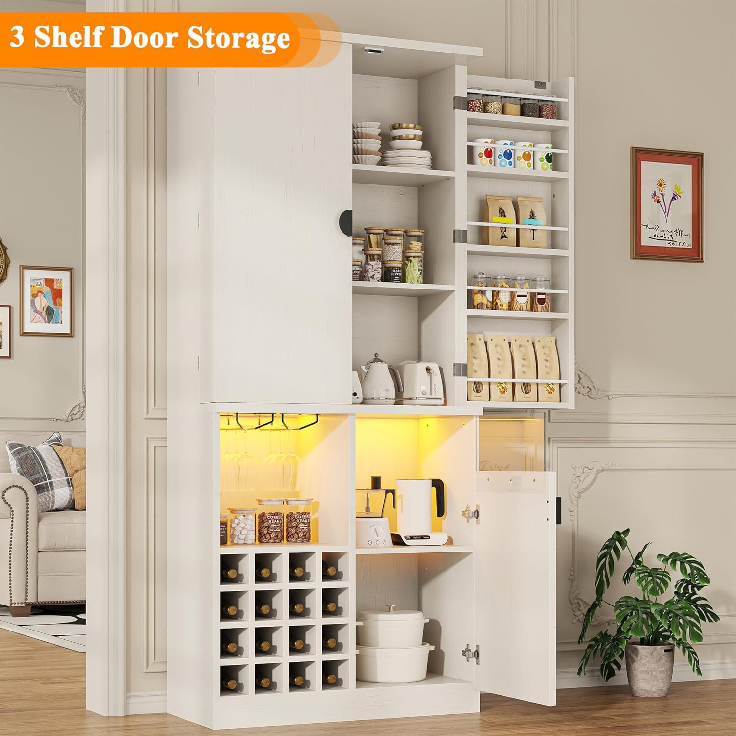 kepptory 72' Tall Kitchen Pantry Storage Cabinet, Freestanding Bar Cabinet with RGB LED Light, White Kitchen Buffet Sideboard with Doors for Dining Room Living Room
