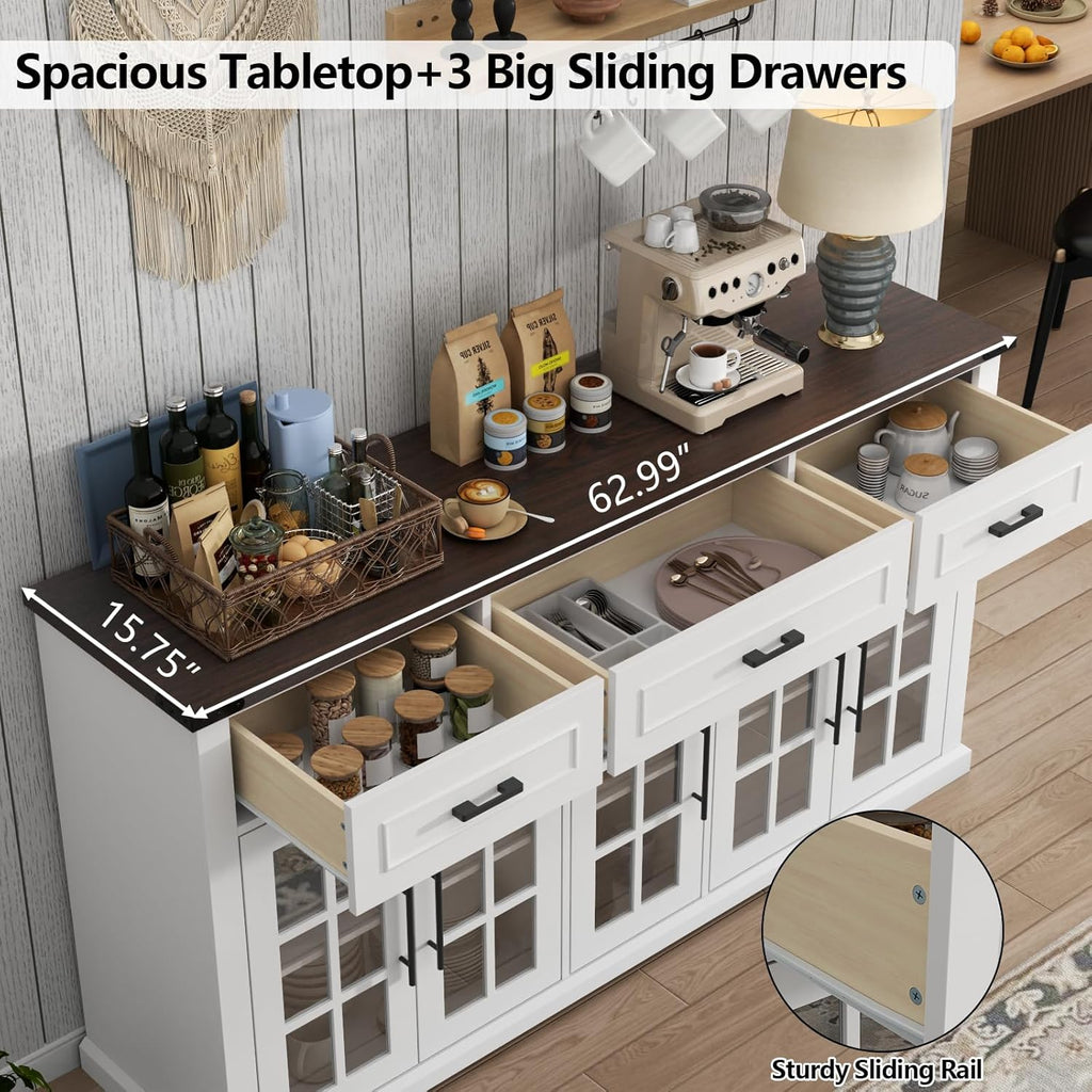 Gyfimoie 63' Sideboard Buffet Cabinet with Glass Doors, Farmhouse Large Buffet Table with 3 Storage Drawers, Modern Coffee Bar Wine Bar Cabinet with Adjustable Shelves for Kitchen, Dining Room, White