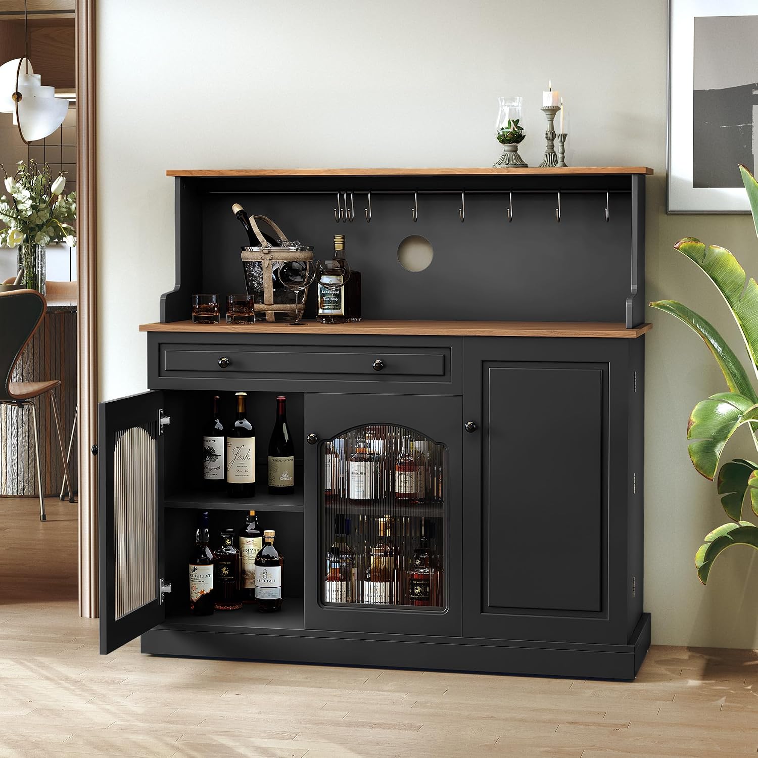 ARTPOWER Farmhosue Coffee Bar Cabinet with Hutch - 48' Modern Buffet Cabinet with Drawer Storage and Glass Doors,Wine Bar Table with Adjustable Shelves for Living Dining Room,Black