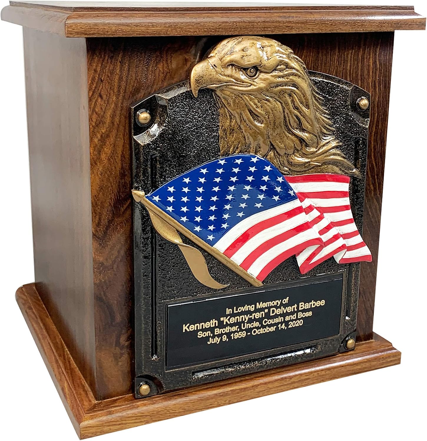 American Flag and Eagle Cremation Urn, Wooden Funeral Urns with Personalized Engraving