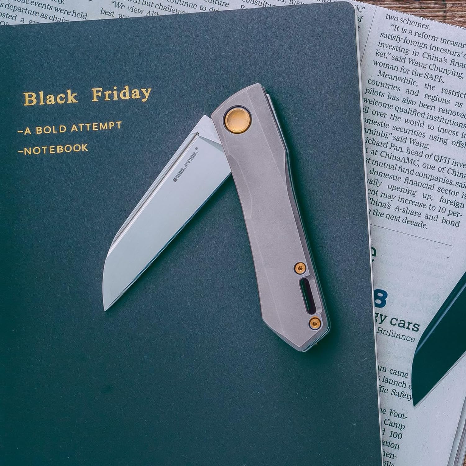 REALSTEEL Solis Slipjoint Folding Pocket Knife - Bohler N690 Satin Blade with Titanium TC4 Handle - Perfect for Camping, and Daily Cutting Tasks - EDC Knife for Men Women (Golden Hardware/Satin)