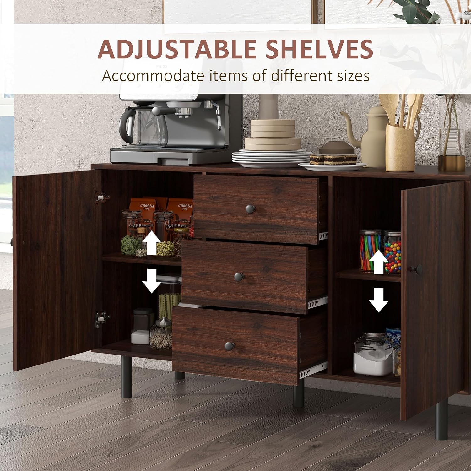 HOMCOM Storage Sideboard, Credenza Cabinet with 2 Cupboards, 3 Drawers and Adjustable Shelves, Buffet Table for Living Room, Entryway, Brown 839-545V01BN