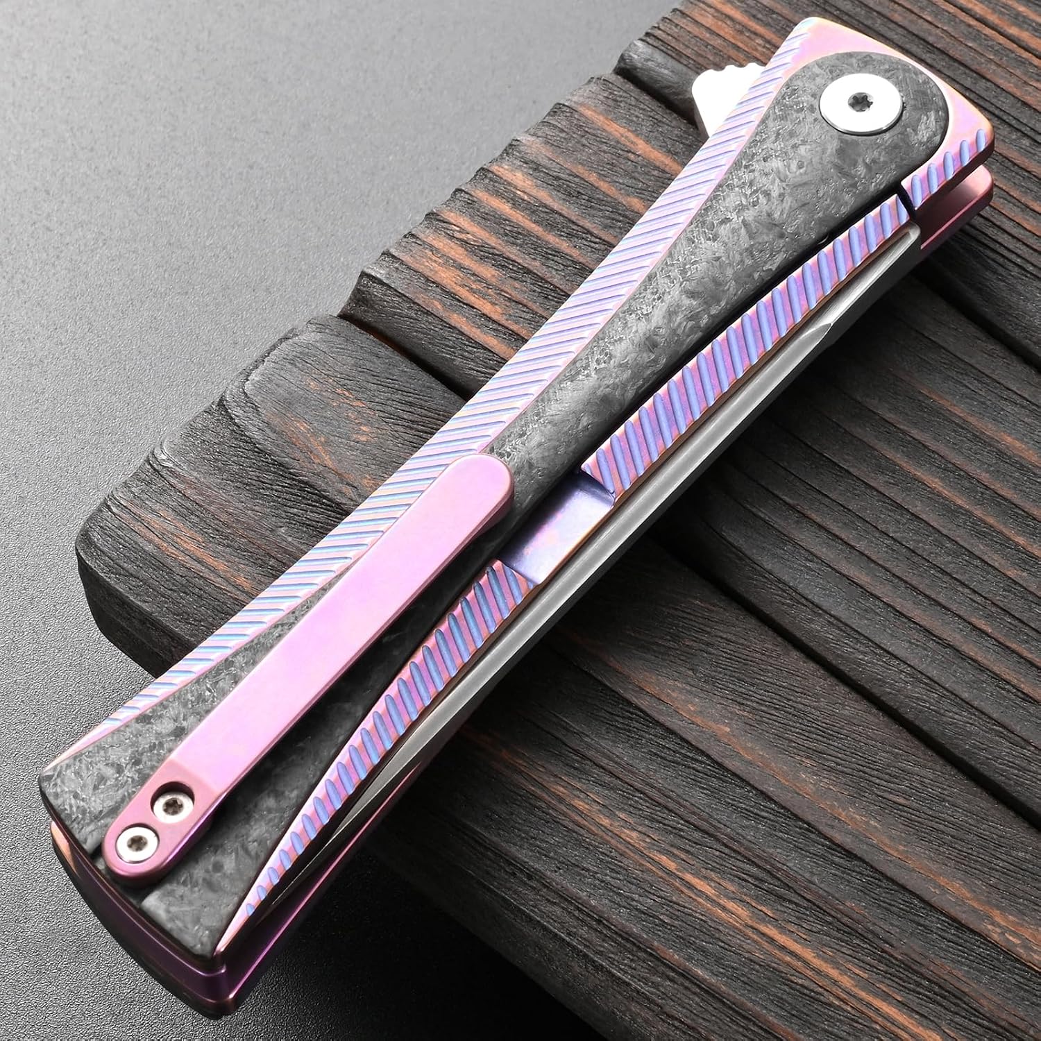 Sitivien ST994 Folding Knife, Handmade M390 Brushed Steel Blade Titanium Carbon Fiber Handle with Ball Bearing for Outdoor Camping Hiking Survival (Pink)
