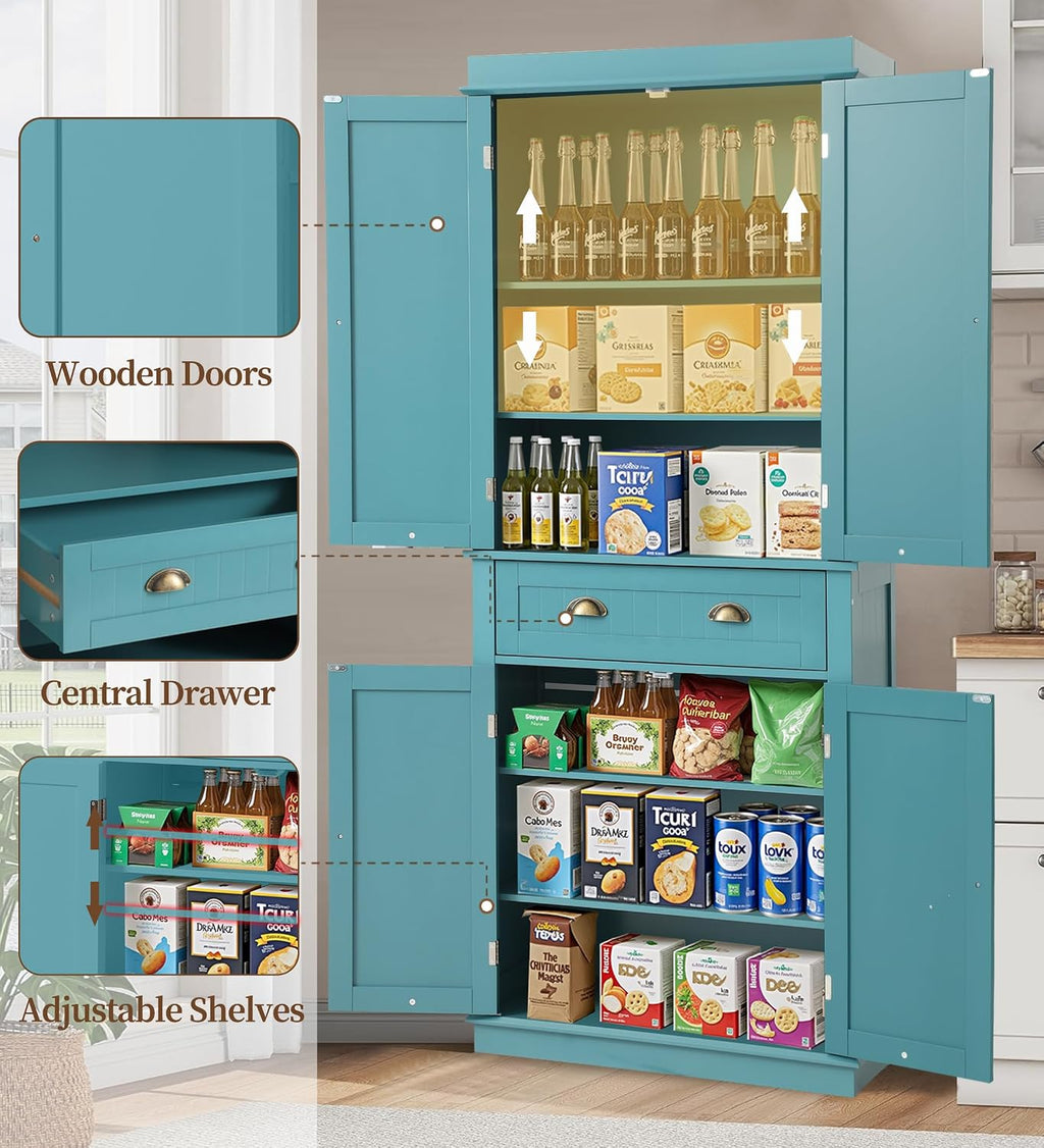 KIGOTY 72' Tall Kitchen Pantry Cabinet with Drawer and 4 Adjustable Shelves, Freestanding Pantry Storage Cabinets, Wood Cupboard Pantry Cabinet for Kitchen, Dining Room, Living Room, Turquoise