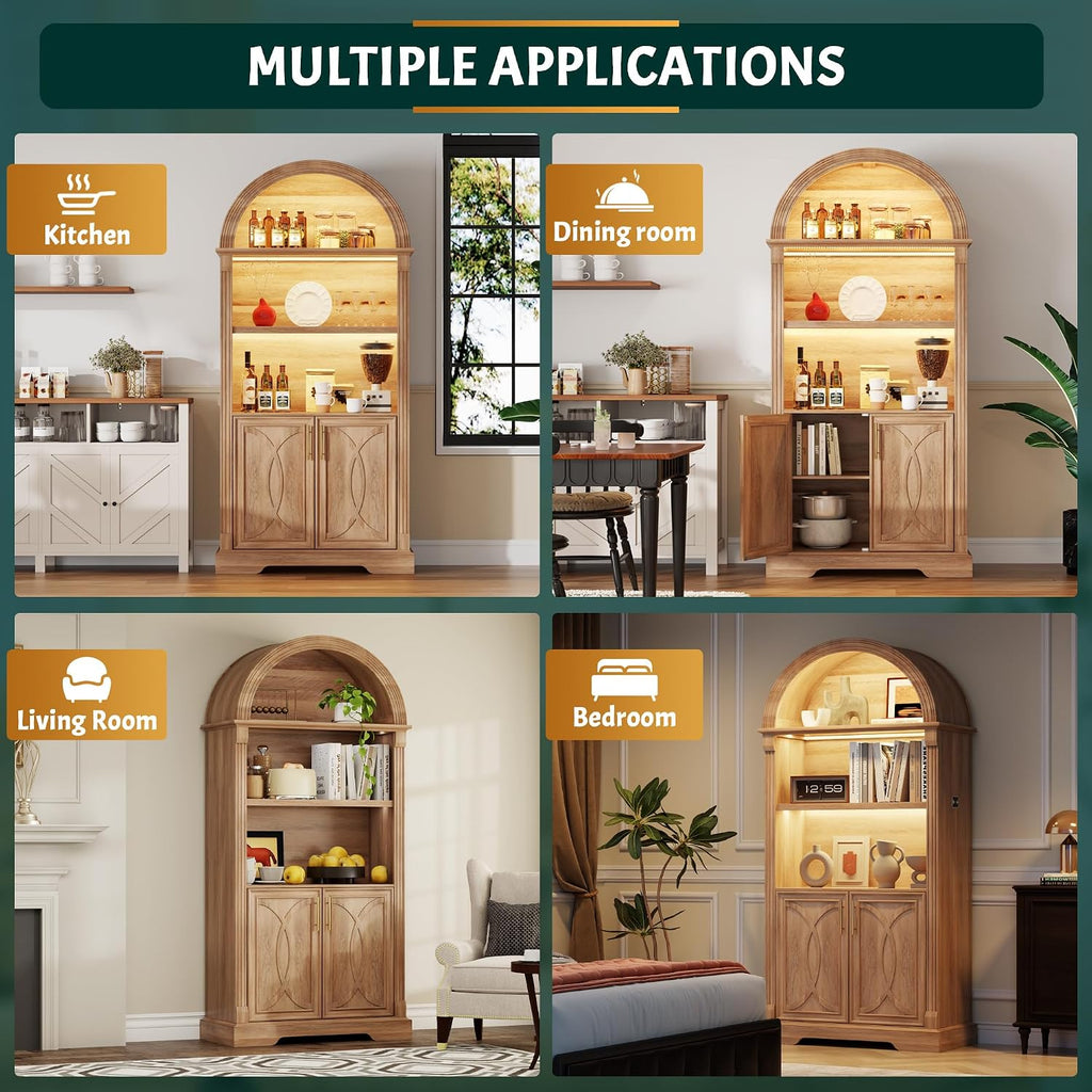 Vlsrka Arched Cabinet, Kitchen Pantry Cabinets with Open & Adjustable Shelves, Induction 3 Color Lights (Brown 2 PCS)