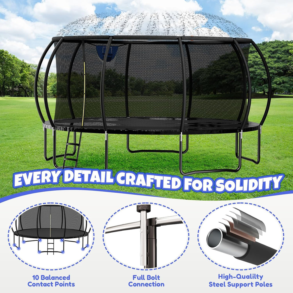 Kiivakii Trampoline 12 14 16FT, Outdoor Big Trampolines for Kids and Adults, Recreational Trampolines with Basketball Hoop and Stakes, Big Round Trampoline with Sprinkler for Backyard