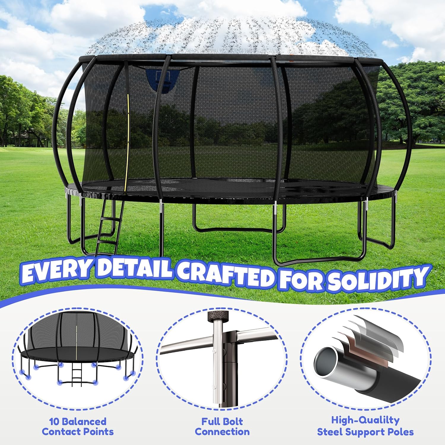 Kiivakii Trampoline 12 14 16FT, Outdoor Big Trampolines for Kids and Adults, Recreational Trampolines with Basketball Hoop and Stakes, Big Round Trampoline with Sprinkler for Backyard