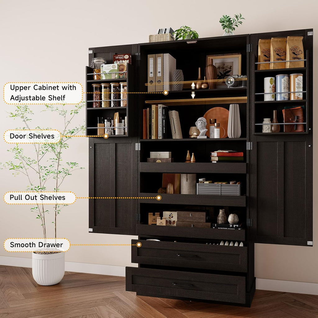 ONBRILL 71' Tall Farmhouse Kitchen Pantry Cabinet with 3 Pull Out Shelves & 2 Large Drawers, Pantry Storage Cabinet with 6 Door Shelf & Adjustable Shelf, Freestanding Cupboard for Kitchen, Dining Room