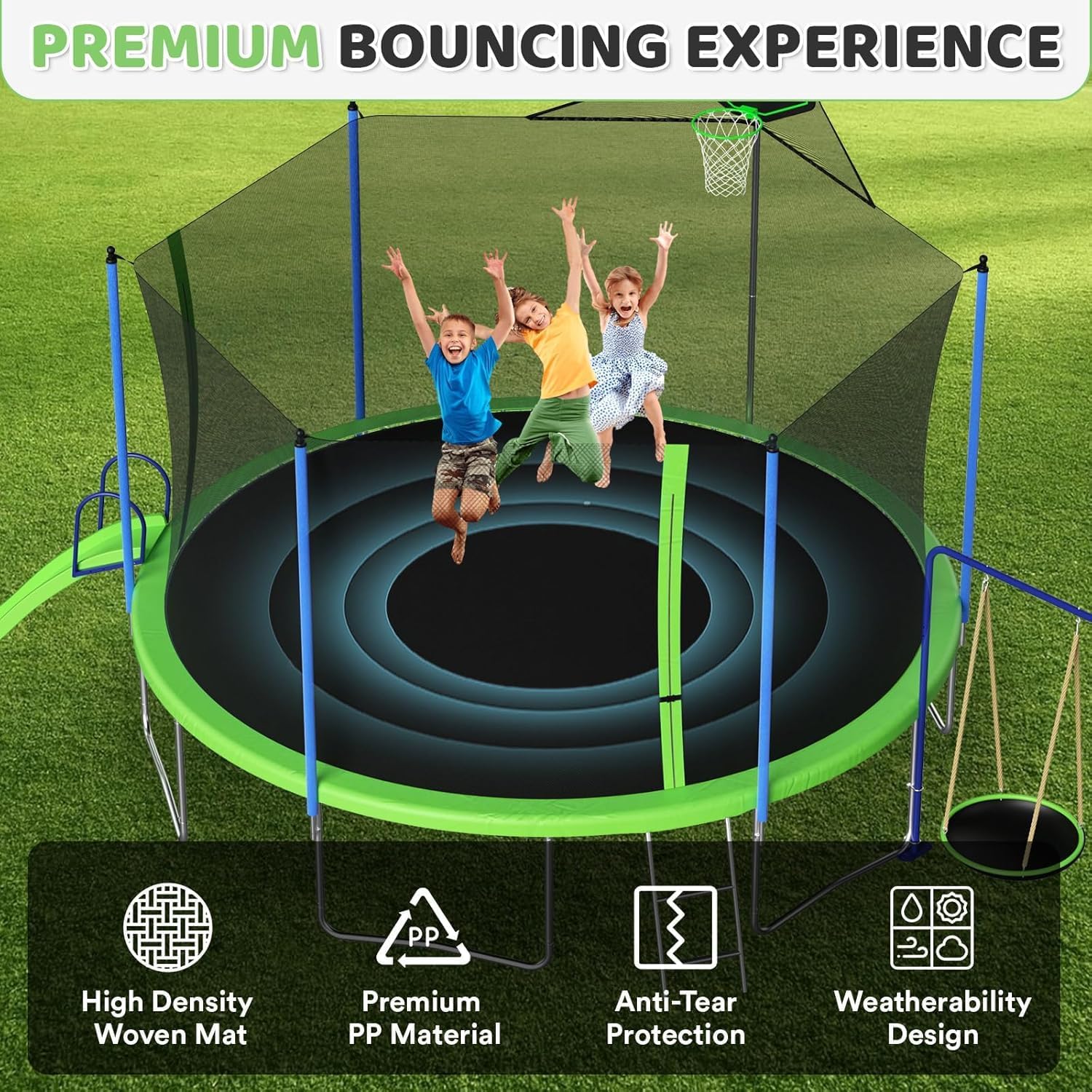 Skepphlay 16ft 14ft 12ft Trampoline Outdoor for Kids and Adults, ASTM Approved Recreational Trampoline, Round Trampoline with Basketball Hoop & Enclosure Net for Backyard
