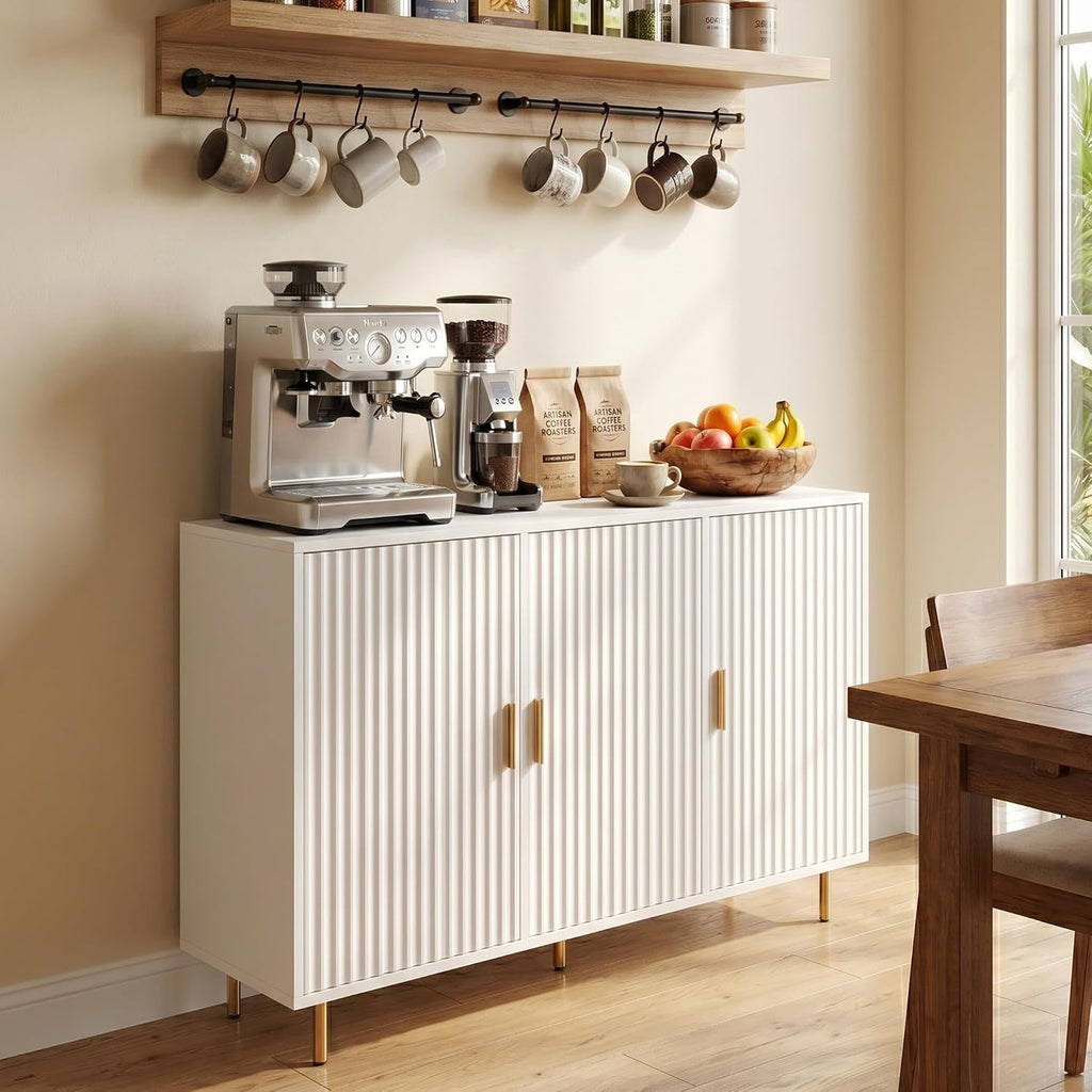 DIYART White Sideboard Buffet Cabinet, Accent Coffee Bar with 3 Doors, Entryway Cabinet for Living Room, Kitchen, Hallway