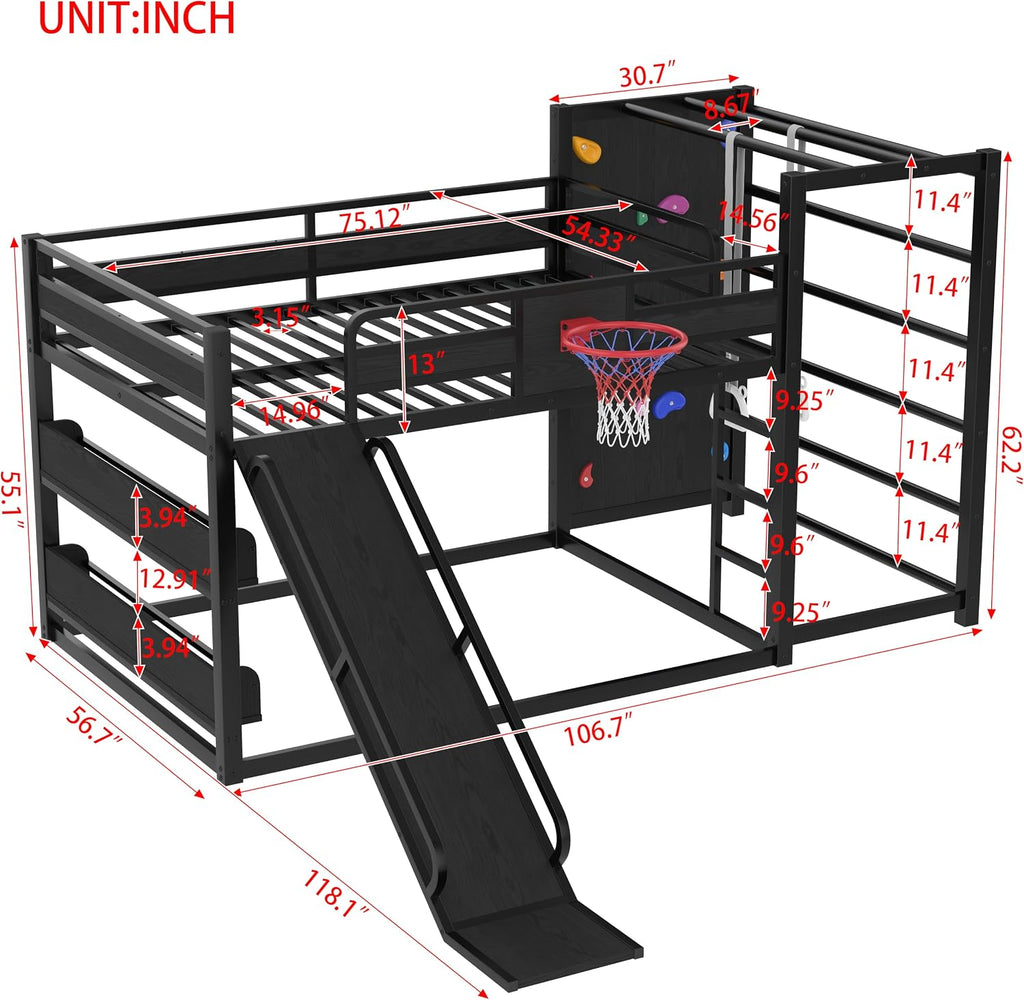 Metal Full Over Full Bunk Bed with Slide and Bookshelf, Modern Heavy Duty Bunk Bed with Basketball Hoop, Pull-Up Rings and Climbing Wall, Low Playhouse Loft Bed for Kids, Black