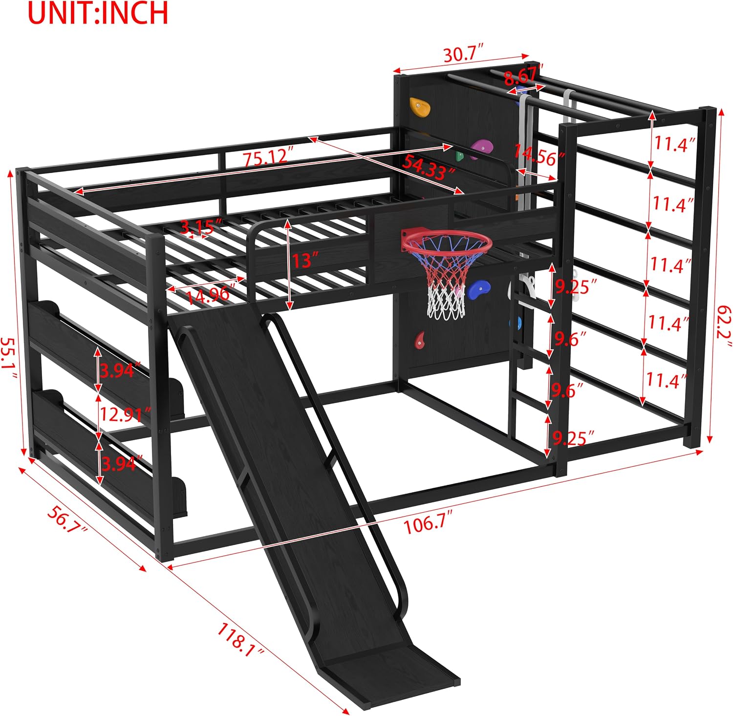 Metal Full Over Full Bunk Bed with Slide and Bookshelf, Modern Heavy Duty Bunk Bed with Basketball Hoop, Pull-Up Rings and Climbing Wall, Low Playhouse Loft Bed for Kids, Black