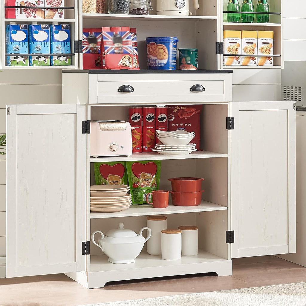 NOZE Kitchen Pantry Cabinet, 72'' White Pantry Storage Cabinet, Freestanding Kitchen Hutch Cabinet and Adjustable Shelves,Tall Food Pantry Cabinet Farmhouse Furniture for Dining Room