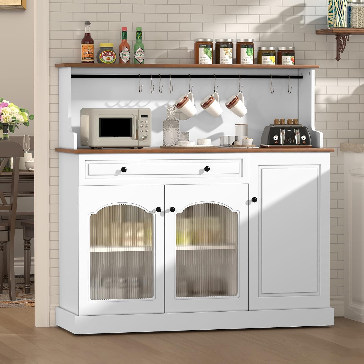 ARTPOWER Farmhosue Coffee Bar Cabinet with Hutch - 48' Modern Buffet Cabinet with Drawer Storage and Glass Doors,Wine Bar Table with Adjustable Shelves for Living Dining Room,White