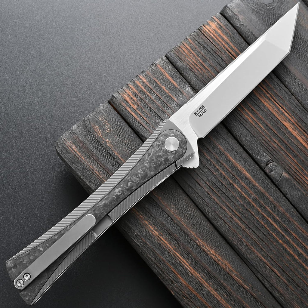 Sitivien ST994 Folding Knife,Handmade M390 Brushed Steel Blade Titanium Carbon Fiber Handle EDC Tool Knife for Outdoor Camping Hiking Survival Working(Gray)