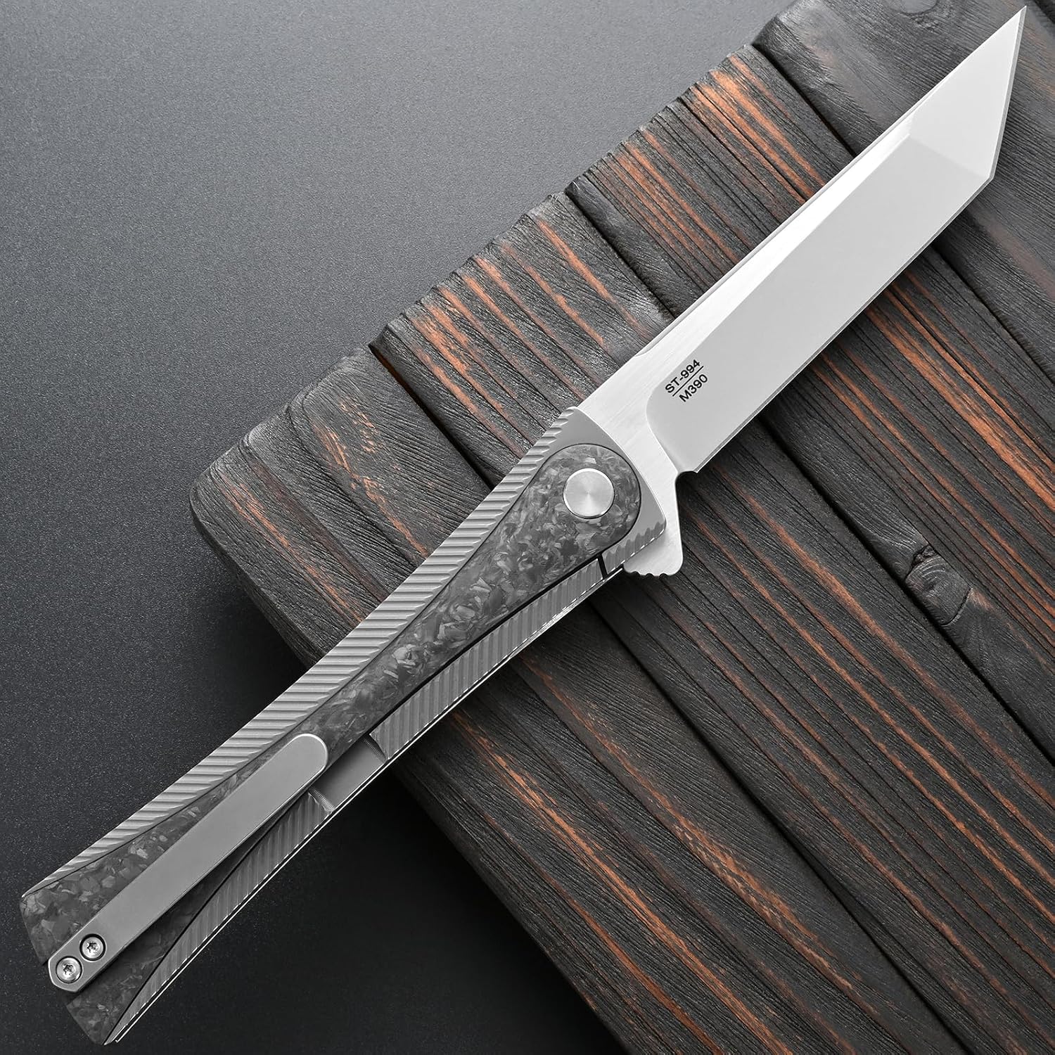 Sitivien ST994 Folding Knife,Handmade M390 Brushed Steel Blade Titanium Carbon Fiber Handle EDC Tool Knife for Outdoor Camping Hiking Survival Working(Gray)