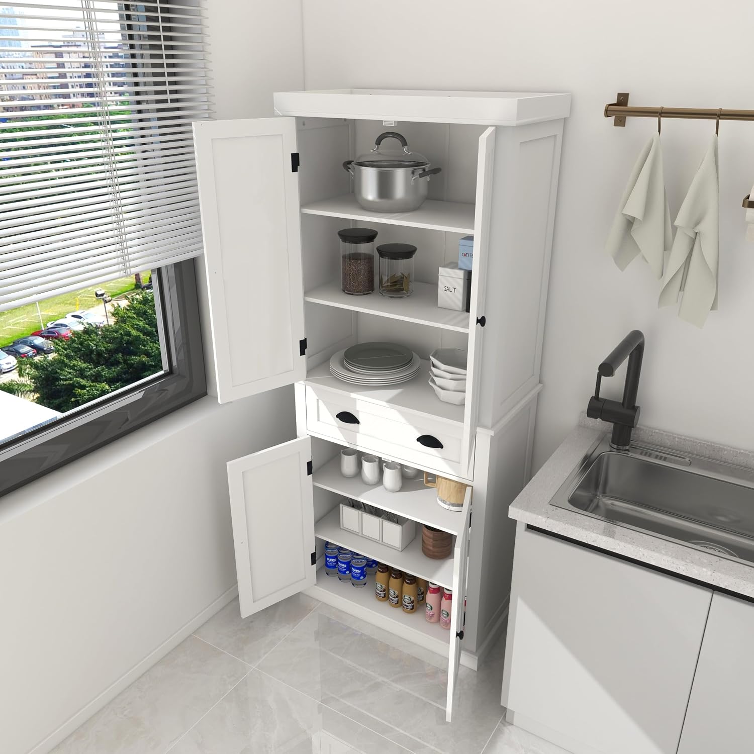 72' 4-Door Freestanding Storage Cabinet, Kitchen Storage Bakers Rack with Carved Design, Utility Food Cupboard with Adjustable Shelf for Kitchen Dining Laundry Room, White
