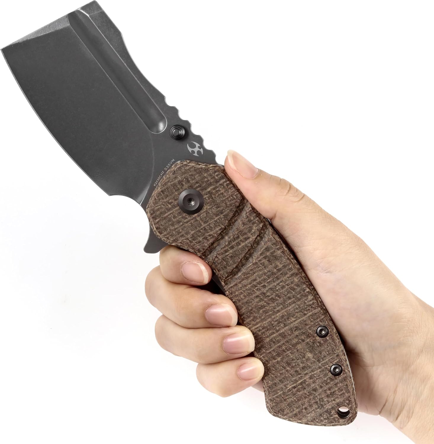 KANSEPT M+ Korvid Pocket Folding Knives Pocket Knife 3.07''Gray Anodized and Stonewashed CPM S35VN Blade,Burlap Brwon Micarta Handle,Cleaver Pocket Camping Knife for Everyday Carry K2030C4U