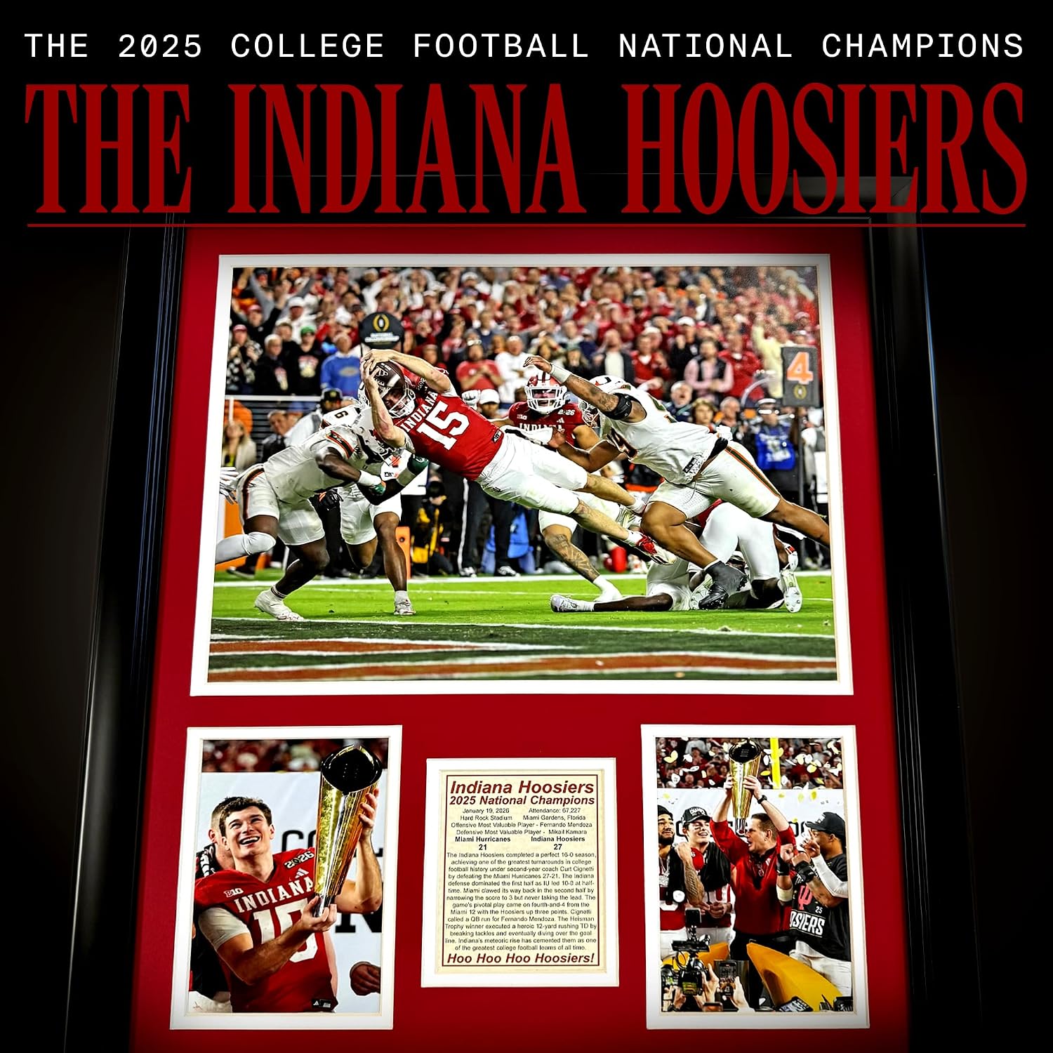 Indiana Hoosiers | 2025 CFP National Champions | Collectible Hoosier Football Memorabilia | Framed Picture & Photo Collage Gift, Man Cave Wall Art, Home & Room Decor | 2 Sizes & 2 Styles (Mendoza Dive, 18'x22')