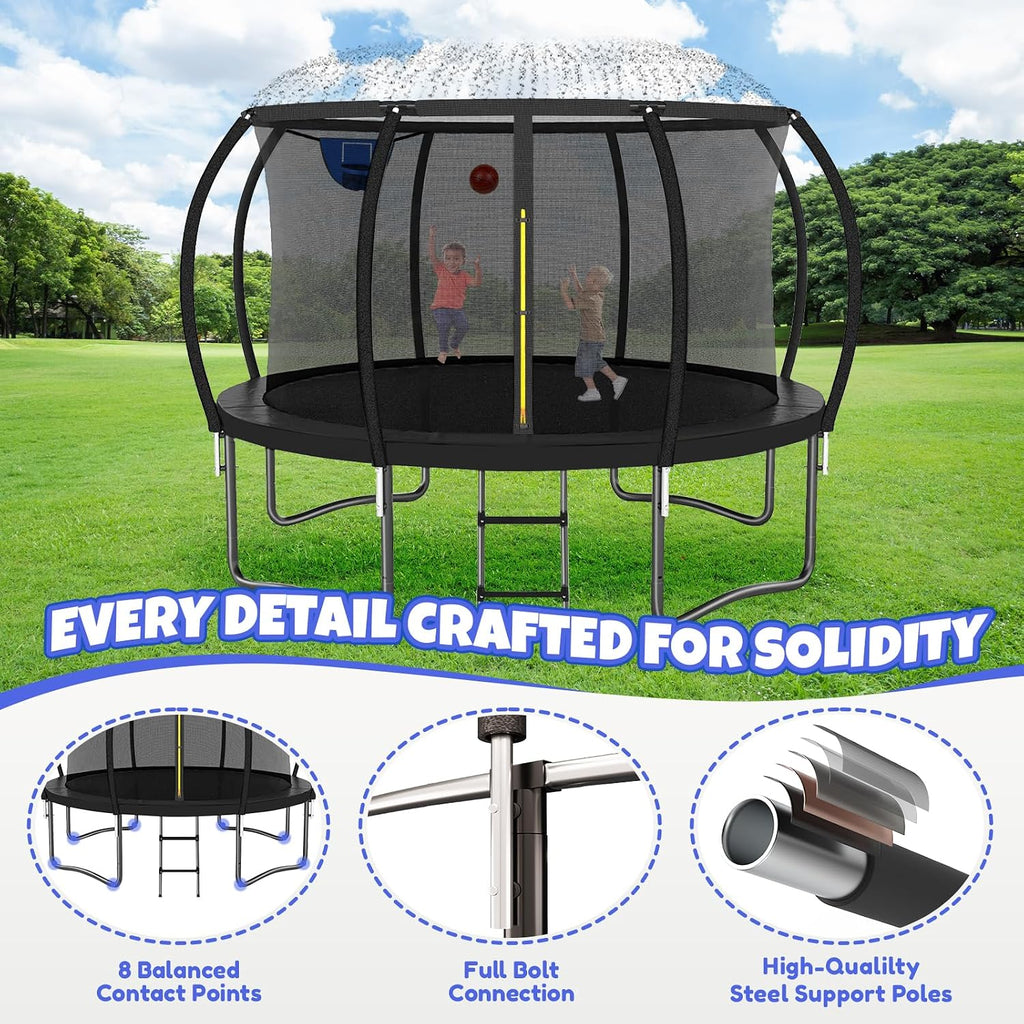 Kiivakii Trampoline 12 14 16FT, Outdoor Big Trampolines for Kids and Adults, Recreational Trampolines with Basketball Hoop and Stakes, Big Round Trampoline with Sprinkler for Backyard
