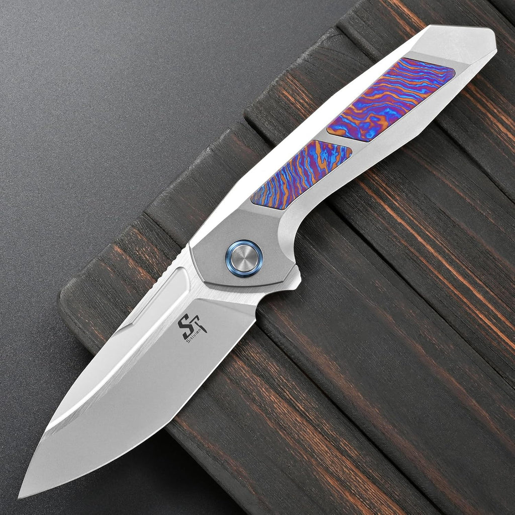 Sitivien ST996 Folding Knife, Handmade M390 Pearlescent Polishing Blade,Titanium & Timascus Handle for Outdoor Camping, Hiking, Working (Timascus)