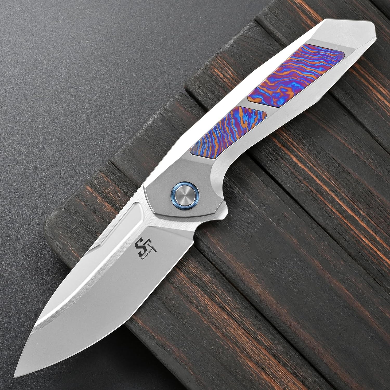 Sitivien ST996 Folding Knife, Handmade M390 Pearlescent Polishing Blade,Titanium & Timascus Handle for Outdoor Camping, Hiking, Working (Timascus)