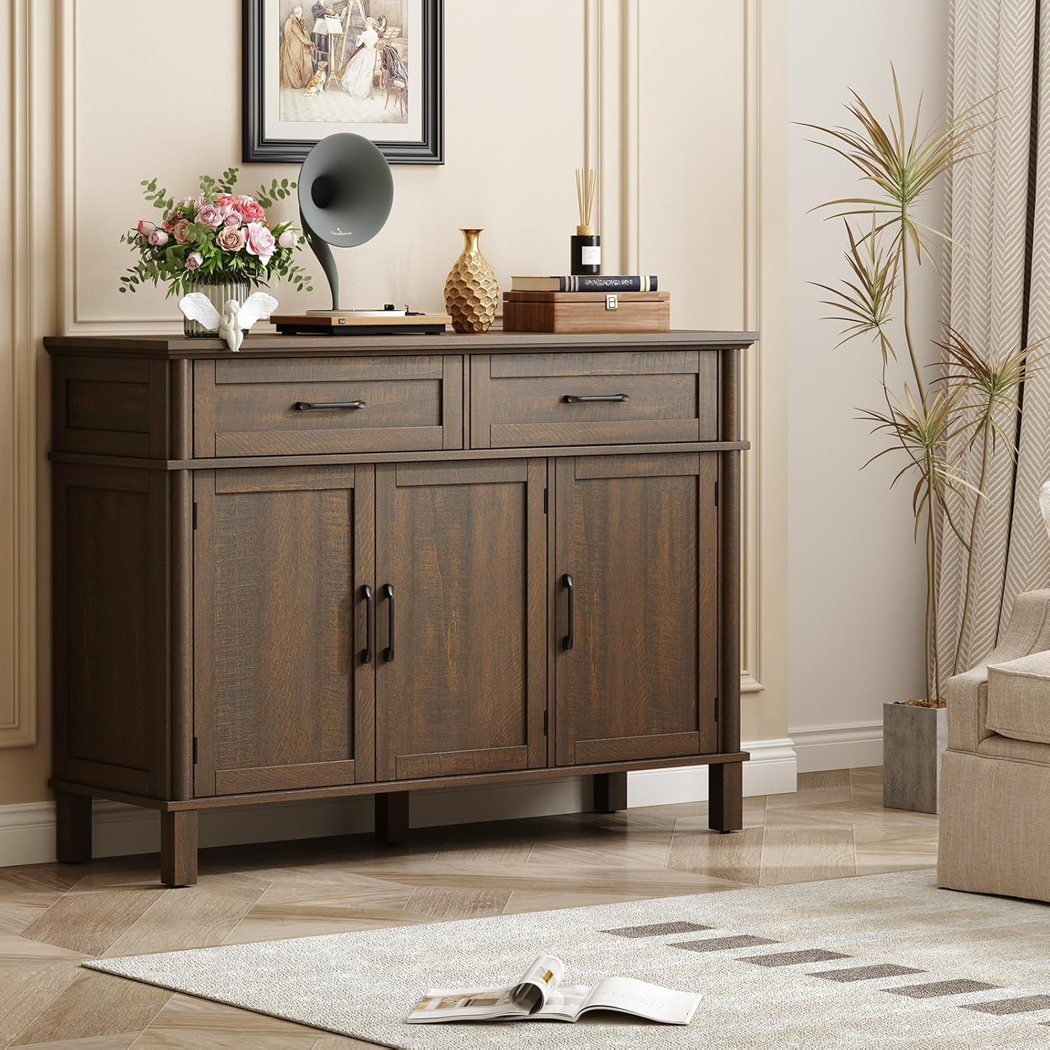 ONBRILL 48 Inch Buffet Cabinet with Storage, Farmhouse Sideboard Buffet w/2 Drawers and 3 Doors, Wood Coffee Bar Cabinet with Adjustable Shelves, Sideboard Storage for Kitchen, Living Room, Brown