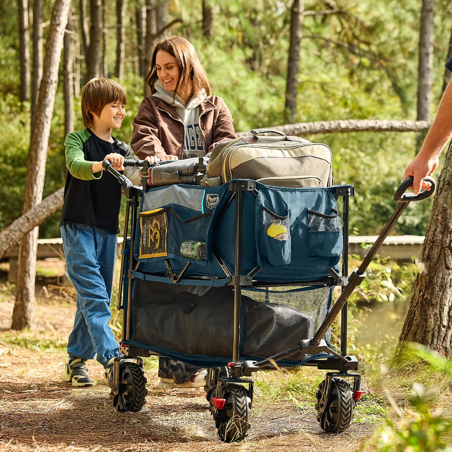 TIMBER RIDGE Push & Pull Double Decker Wagon, 400L Large Capacity Heavy Duty & 450lb Load, Collapsible Cart with All-Terrain Wheels & Brakes, 54' Extended Foldable for Sports, Beach, Camping, Blue