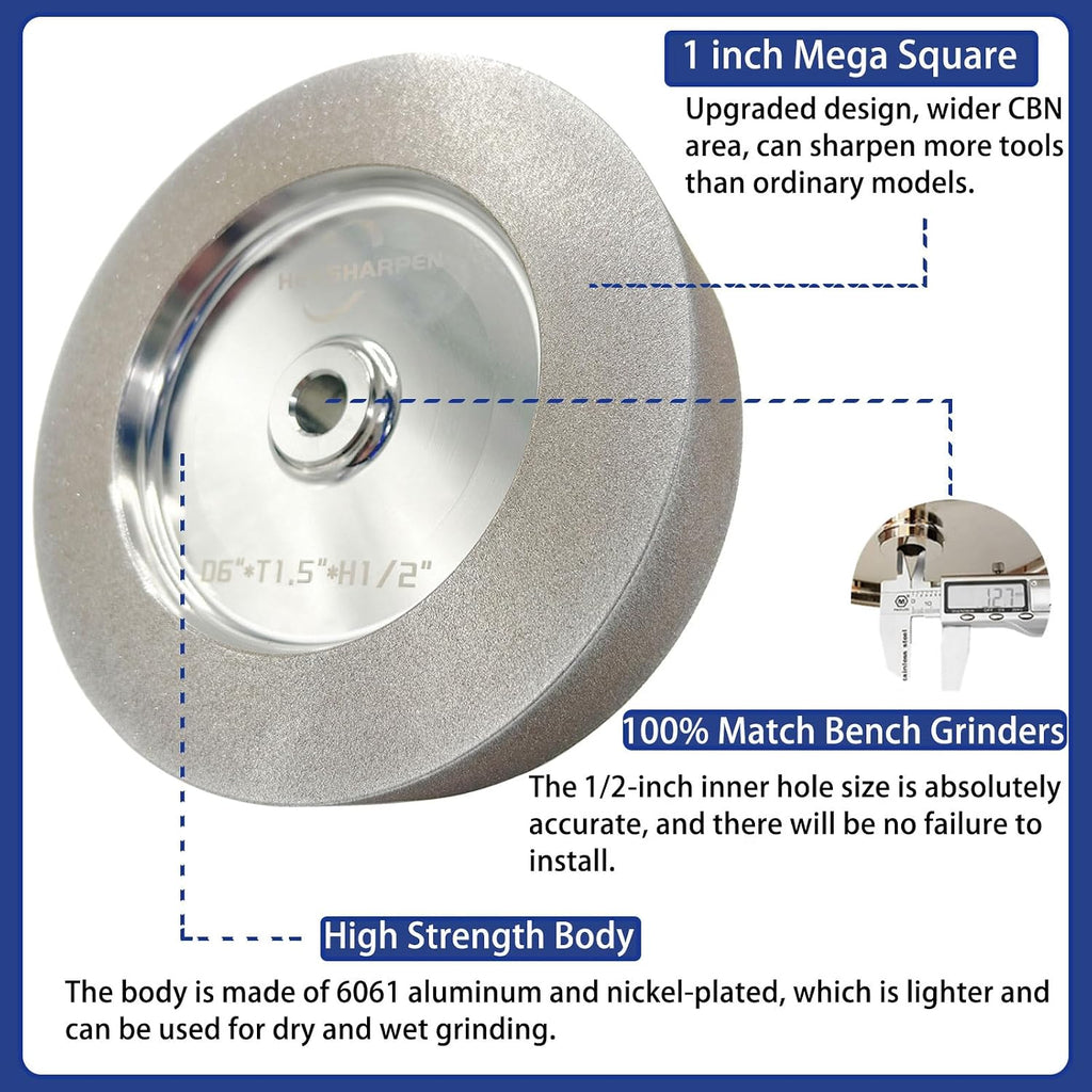 CBN Grinding Wheel 6 inch 80&180 Grit Mega Square,1.5' Wide,1/2' Arbor,1' Down The Side,for Sharpening Woodturning and HSS Tools,Suitable for All Kinds of 6-inch Bench Grinders(80&180 Grit)
