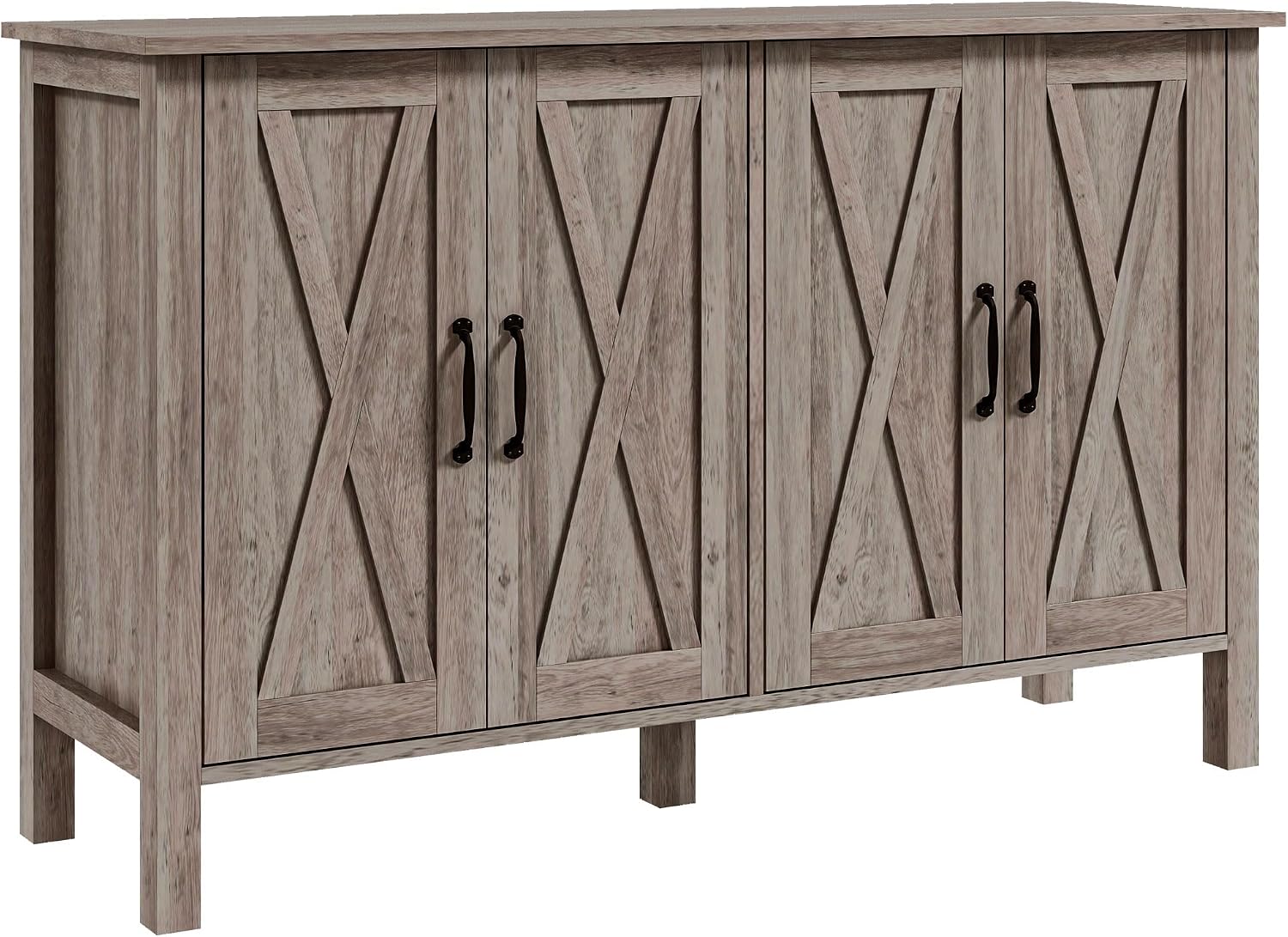 HOMCOM Buffet Cabinet, 47' Sideboard with 4 Barn Doors and 2 Adjustable Shelves, Farmhouse Coffee Bar Cabinet, Gray Wood Grain