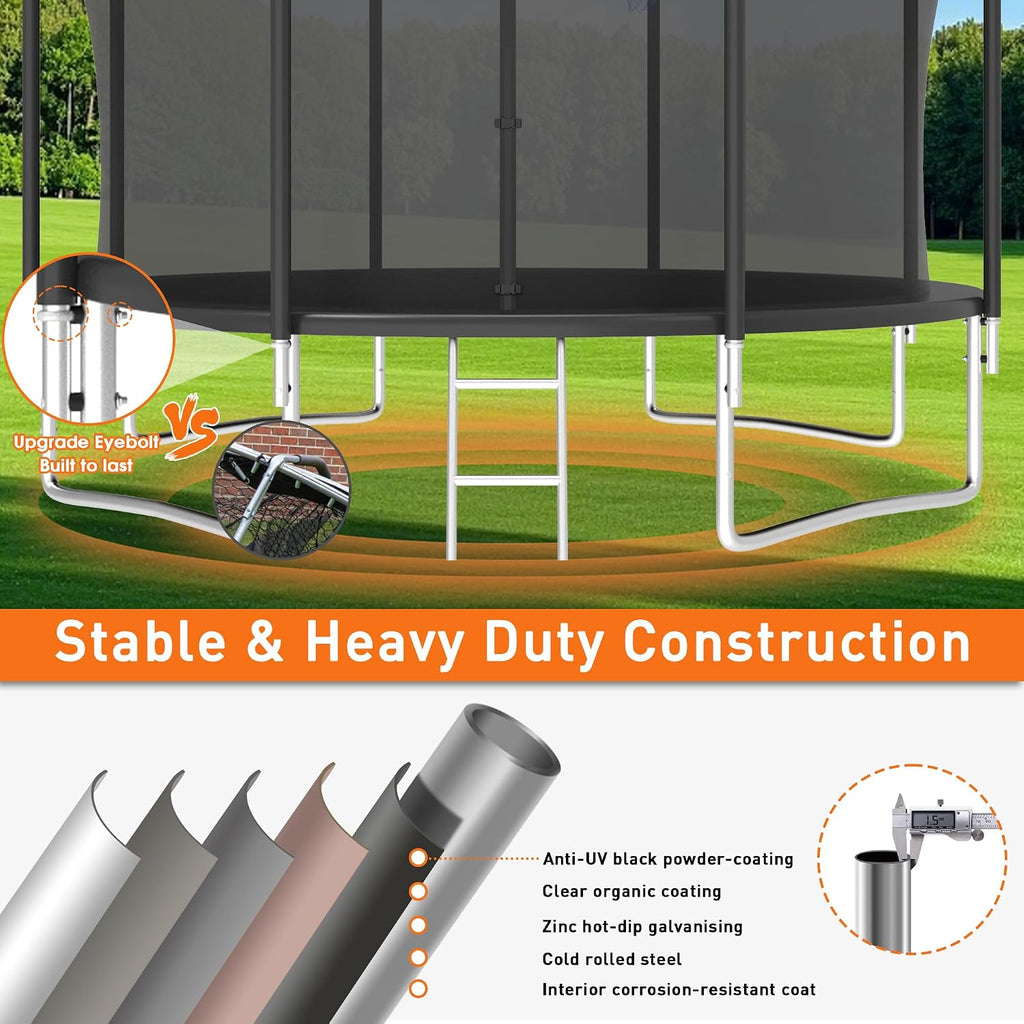 1500LBS Capacity No-Gap Design 8 10 12 14 15 16 FT Recreational Jumper with Enclosure Net, Wind Stakes & Basketball Hoop, ASTM Approved, Perfect for Kids & Adults Family Outdoor Backyard Fun
