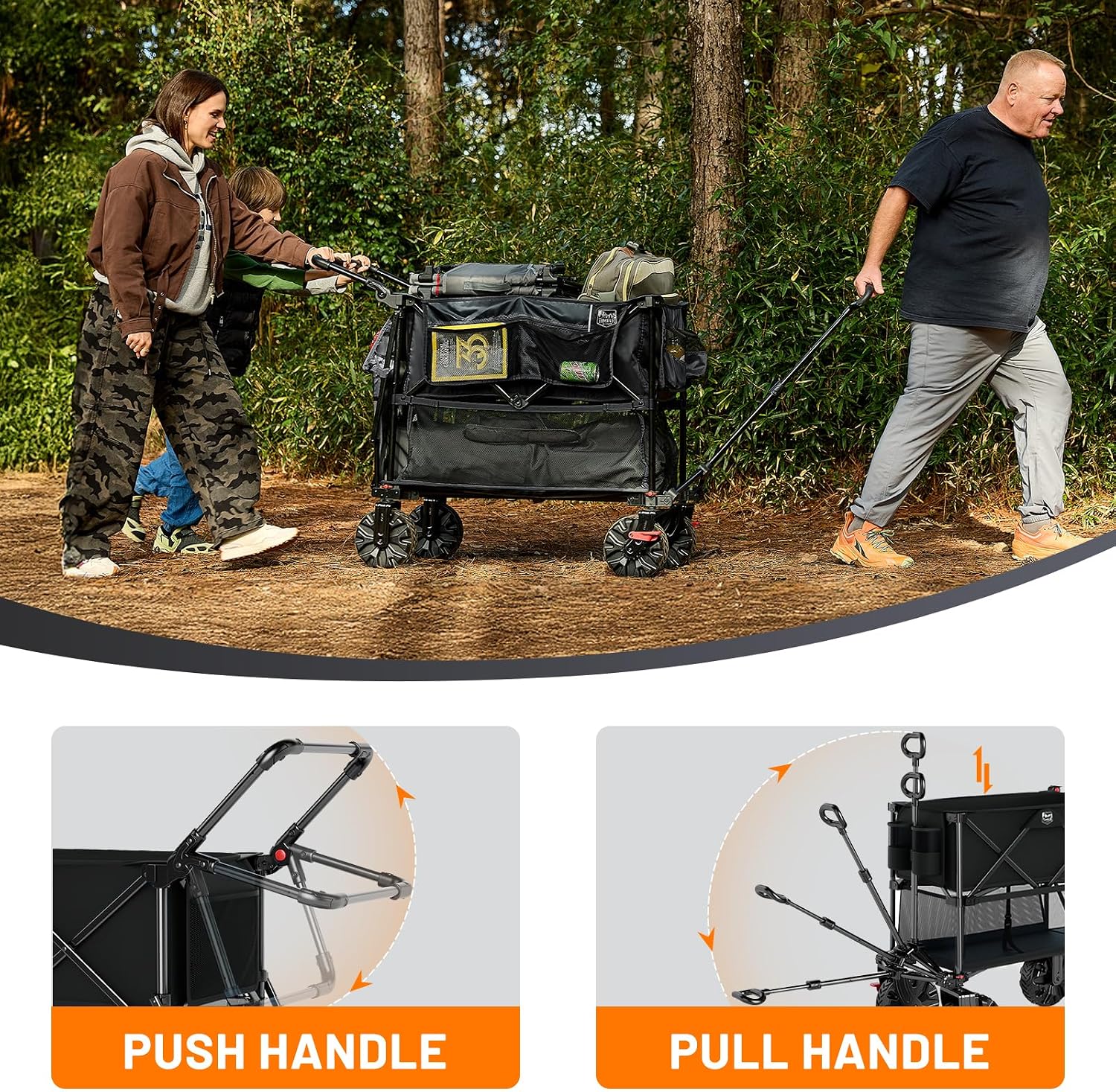 TIMBER RIDGE Push & Pull Double Decker Wagon, 400L Large Capacity Heavy Duty & 450lb Load, Collapsible Cart with All-Terrain Wheels & Brakes, 54' Extended Foldable for Sports, Beach, Camping, Black