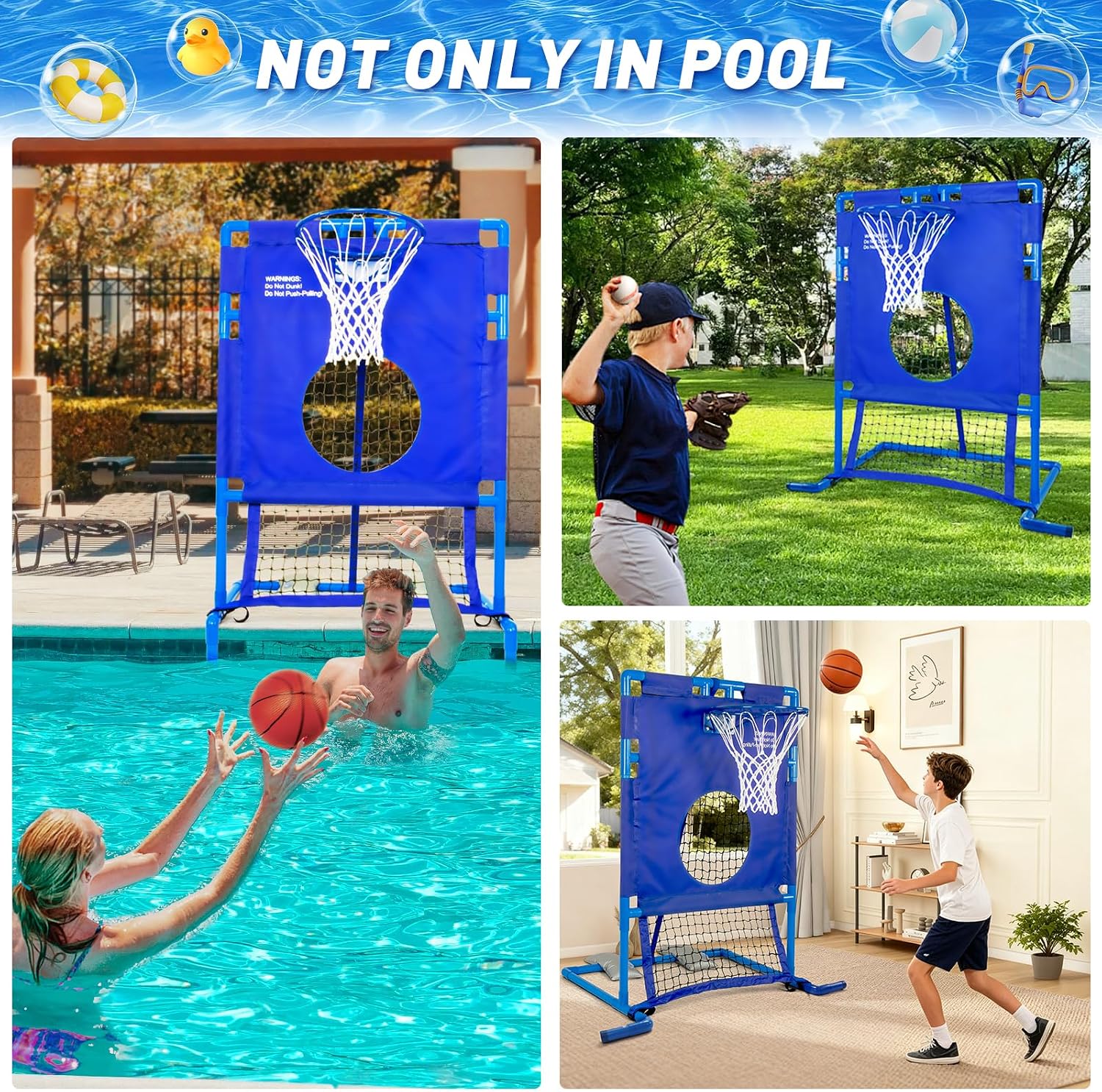 Pool Basketball Hoop ＆ Football Target Net 2-in-1 Set, for Various Fun Game, 6 Balls Included, Settle Your Summer Party