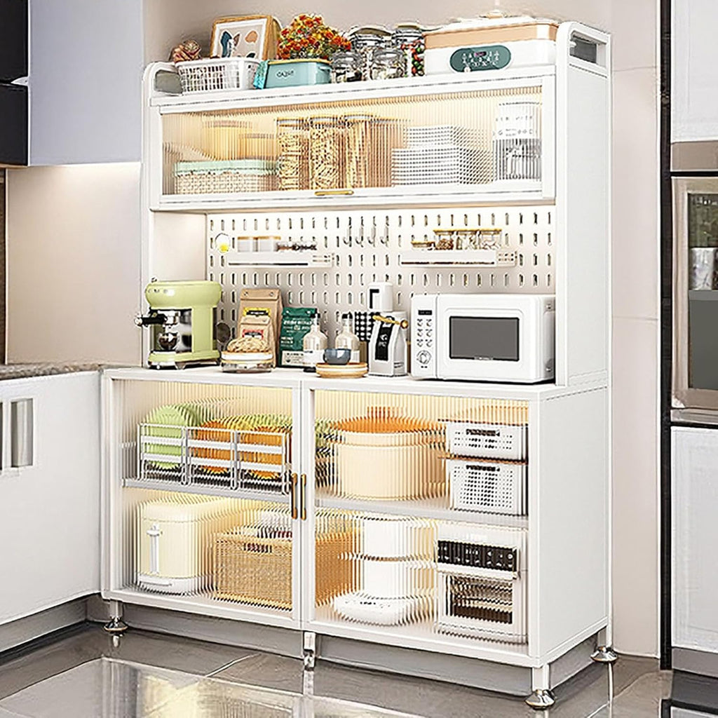 Microwave Storage Stand,5-Tier Kitchen Baker's Rack with Flip Door Cabinet, DIY Backplane Creative, Open Operator Console, for Kitchen, Dining Room, Living Room (Color : White, Size : 80cm/