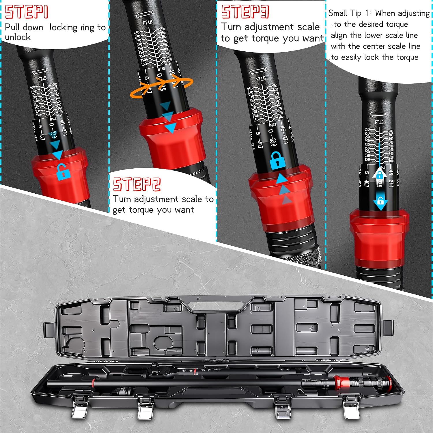 3/4-Inch Drive Torque Wrench 100-950ft.lb/135.58-1288.03Nm, ±3% Precision Dual Direction Torque Wrenches with 48-Tooth Dual Range Scales with Ft.Lbs and N.m