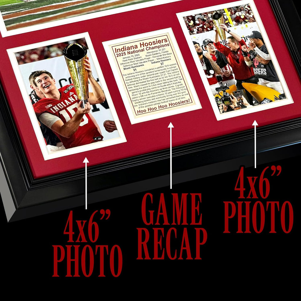 Indiana Hoosiers | 2025 CFP National Champions | Collectible Hoosier Football Memorabilia | Framed Picture & Photo Collage Gift, Man Cave Wall Art, Home & Room Decor | 2 Sizes & 2 Styles (Mendoza Dive, 18'x22')