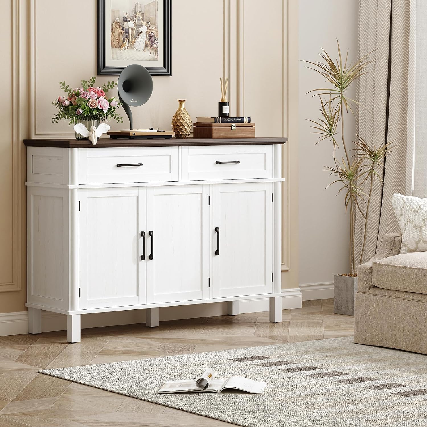 48 Inches Buffet Cabinet with Storage, Farmhouse Sideboard Buffet w/2 Drawers and 3 Doors, Wood Coffee Bar Cabinet with Adjustable Shelves, Sideboard Storage for Kitchen, Living Room, Off White