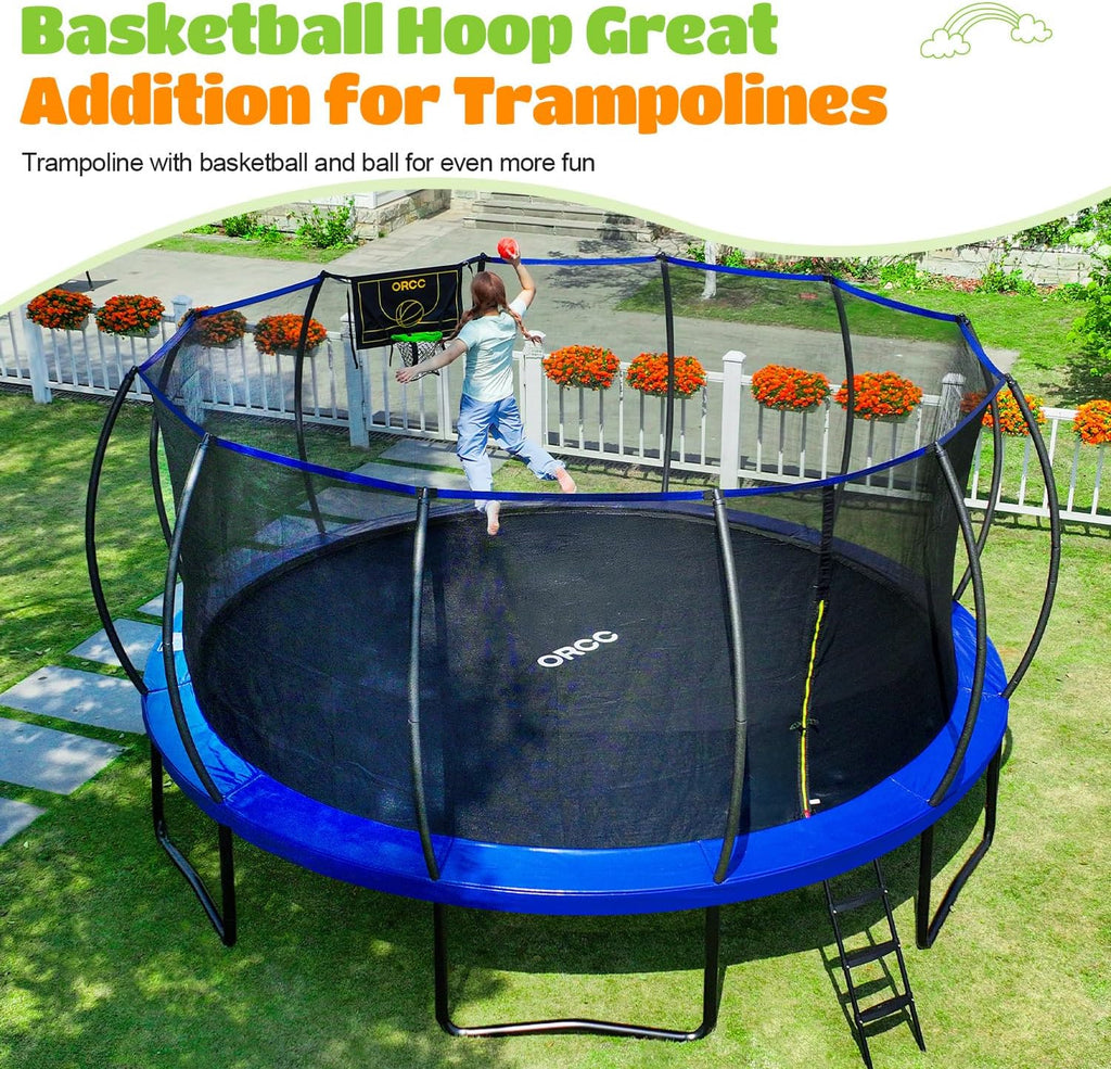 ORCC 16 15 14 12 10 8FT Kids Trampoline, 1300LBS Weight Capacity Trampoline with Basketball Hoop Water Sprinkler Spiral Ground Stakes Outdoor Yard Trampolines for Kids Adults